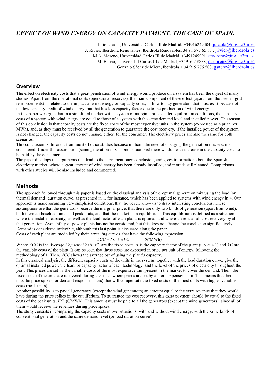 Effect of Wind Energy on Capacity Payment. the Case of Spain