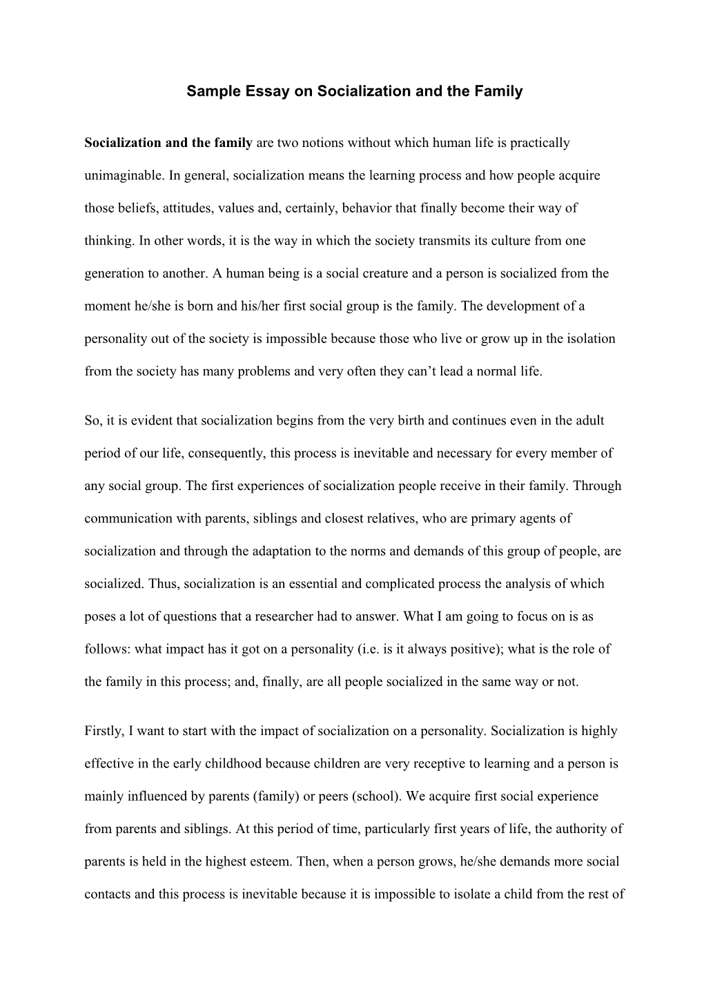 Sample Essay on Socialization and the Family