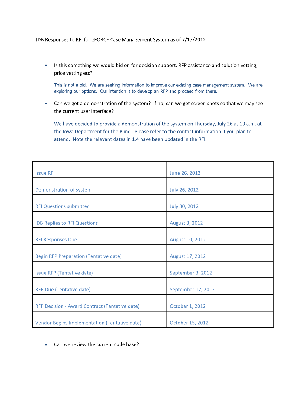 IDB Responses to RFI for Eforce Case Management System As of 7/17/2012