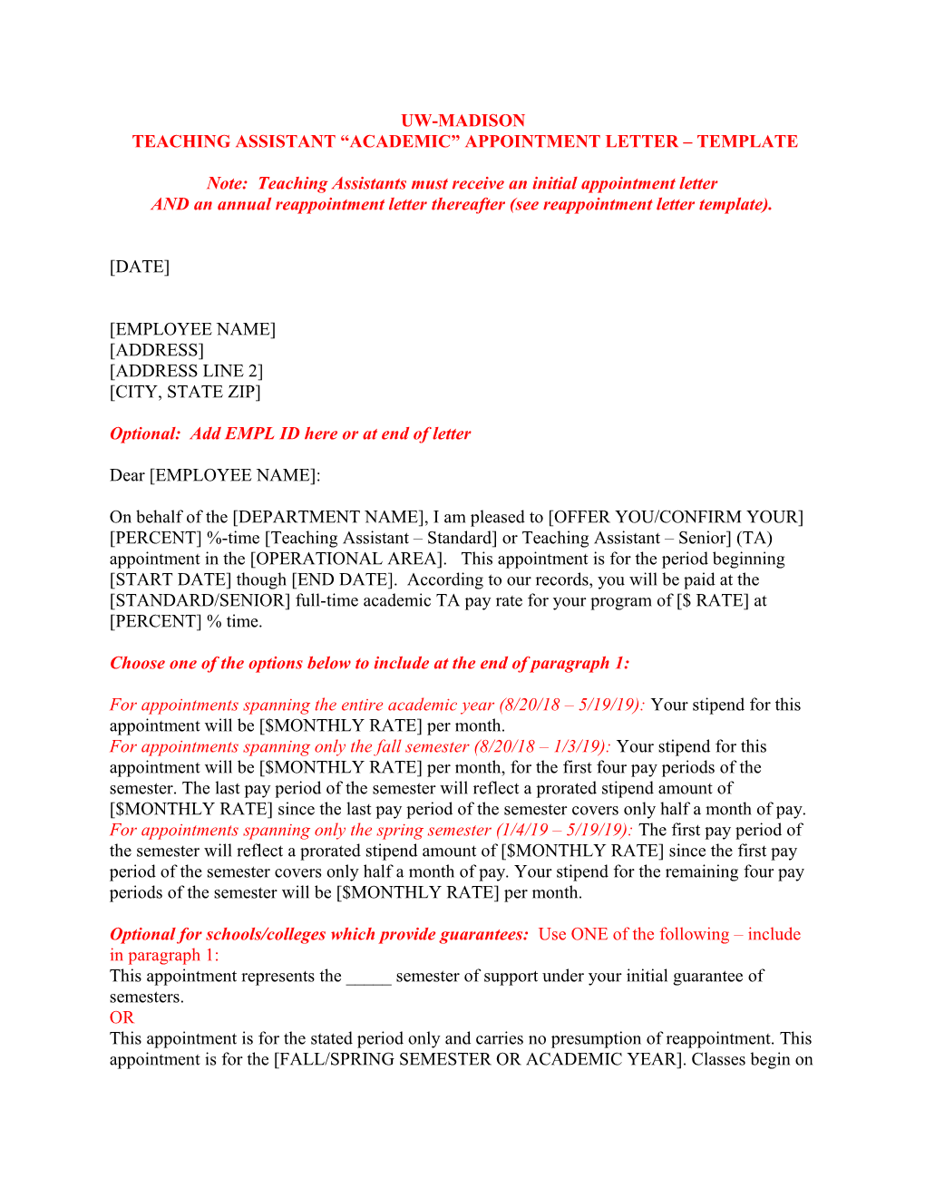 Teaching Assistant Academic Appointment Letter Template