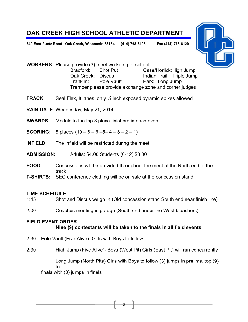 Oak Creek High School Athletic Department