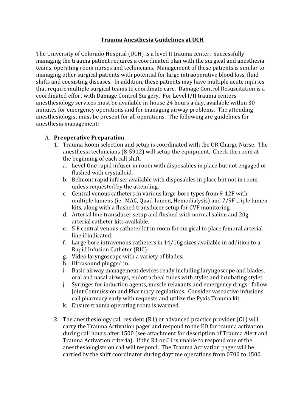 Trauma Anesthesia Guidelines at UCH