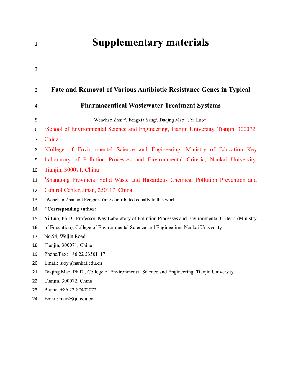 Fate and Removal of Various Antibiotic Resistance Genes in Typical Pharmaceutical Wastewater