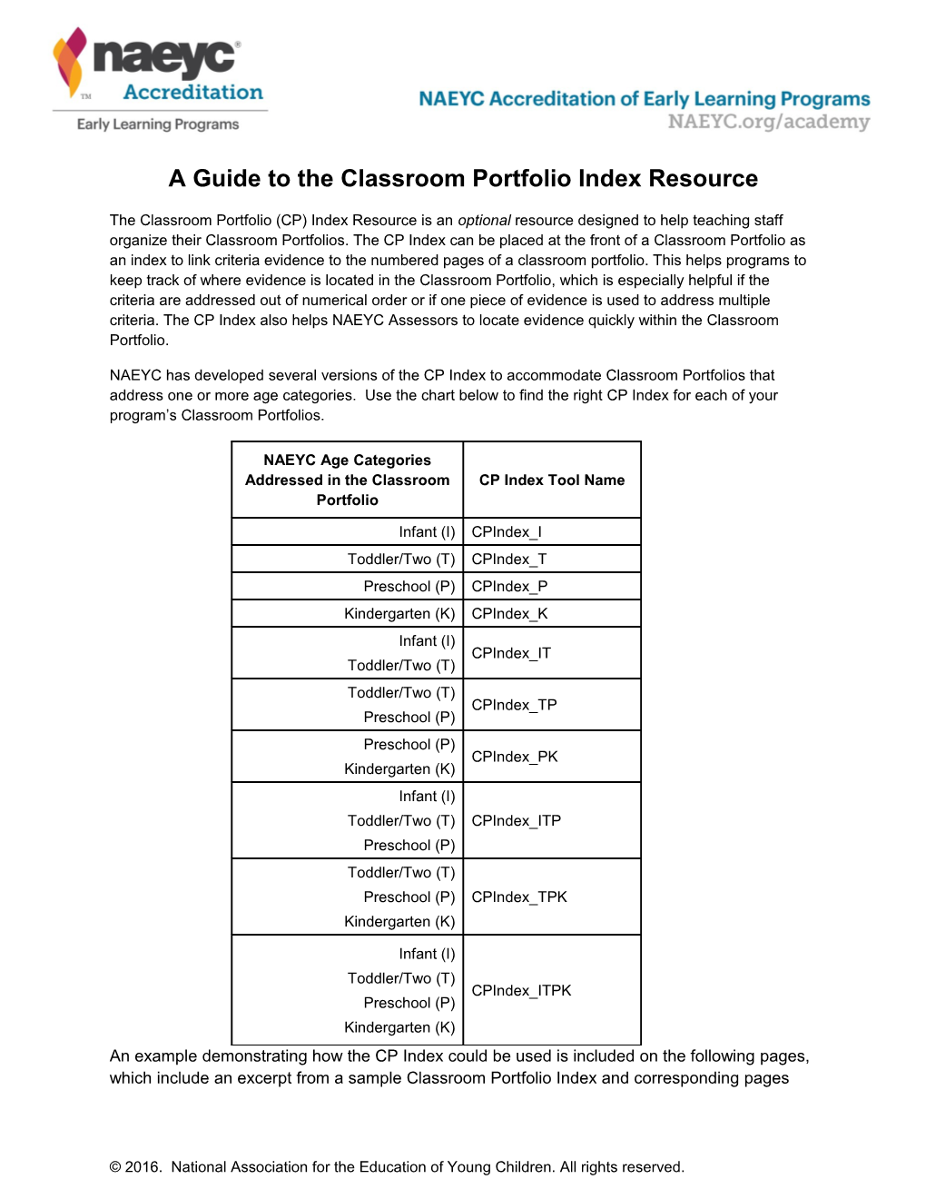 A Guide to the Classroom Portfolio Index Resource