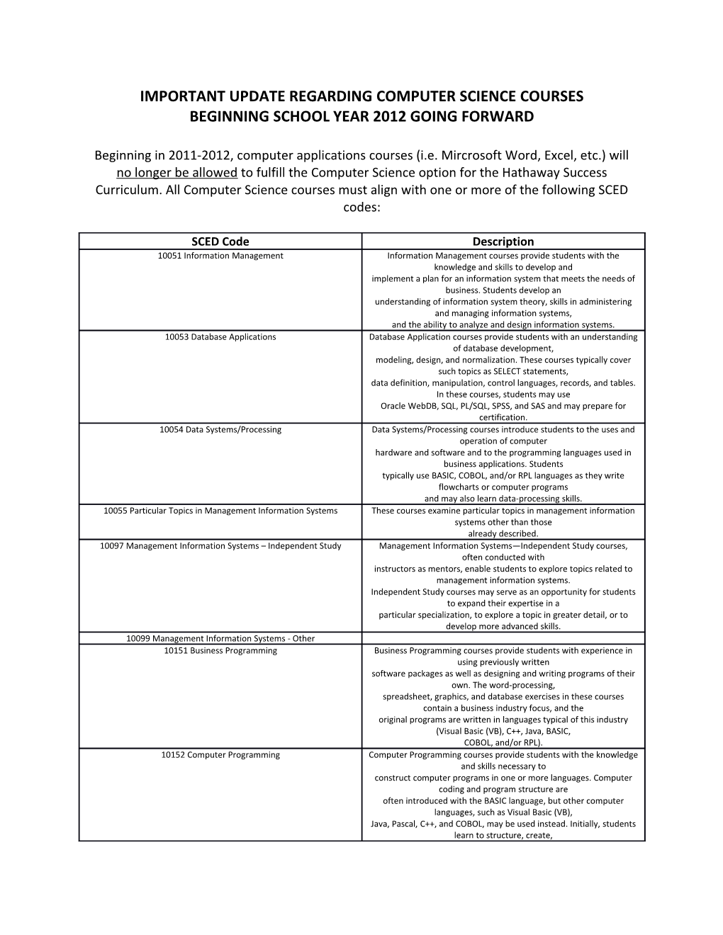 Important Update Regarding Computer Science Courses