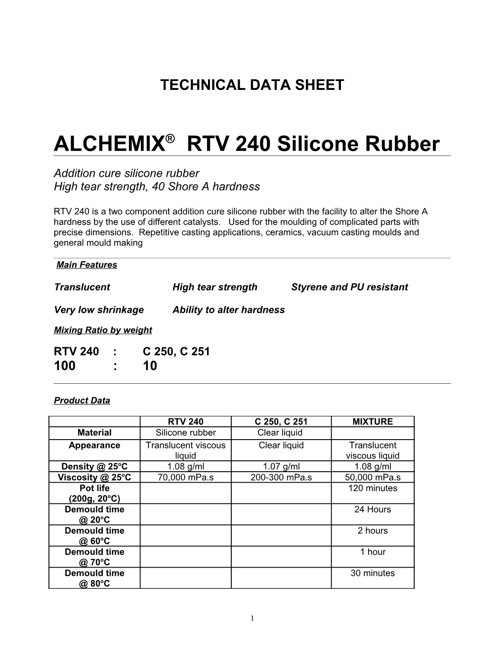 ALCHEMIX RTV 240 Silicone Rubber