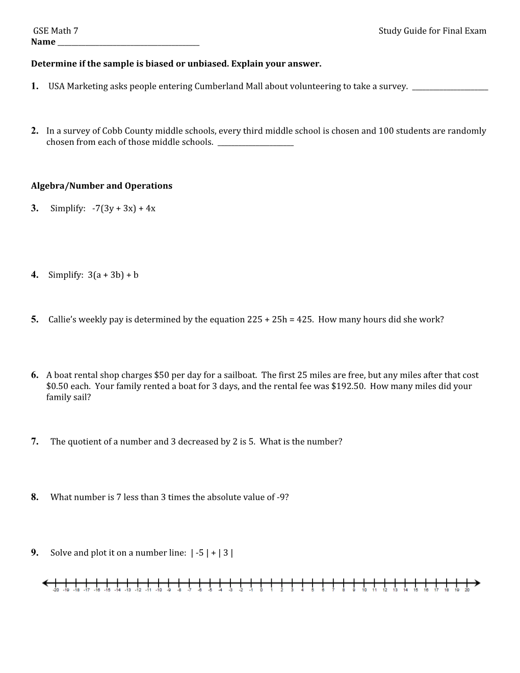 Math 7 - 4Q Benchmark Test Study Guide