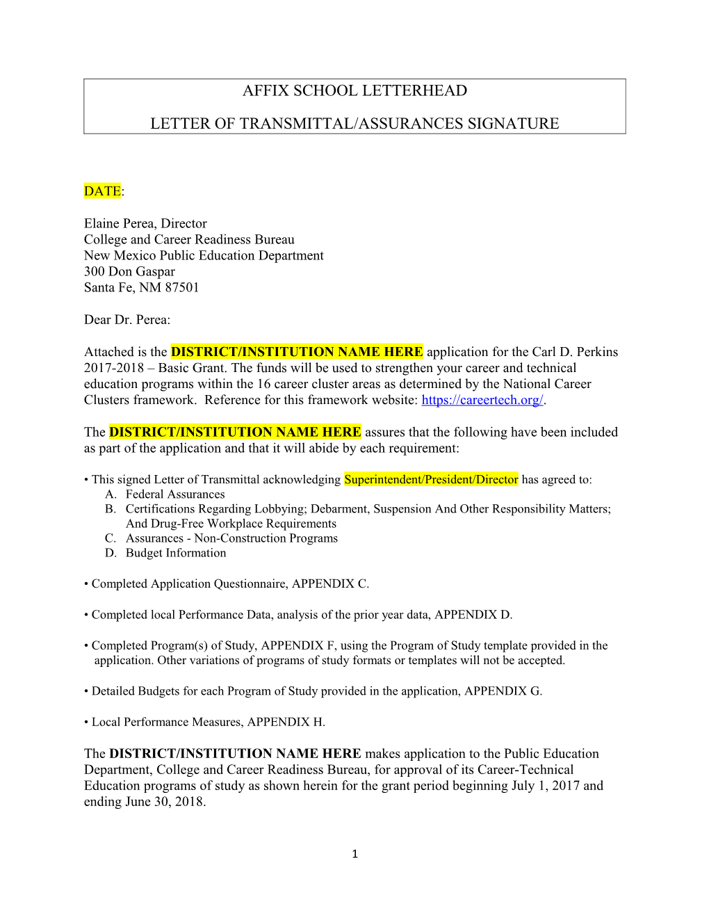 Letter of Transmittal/Assurances Signature