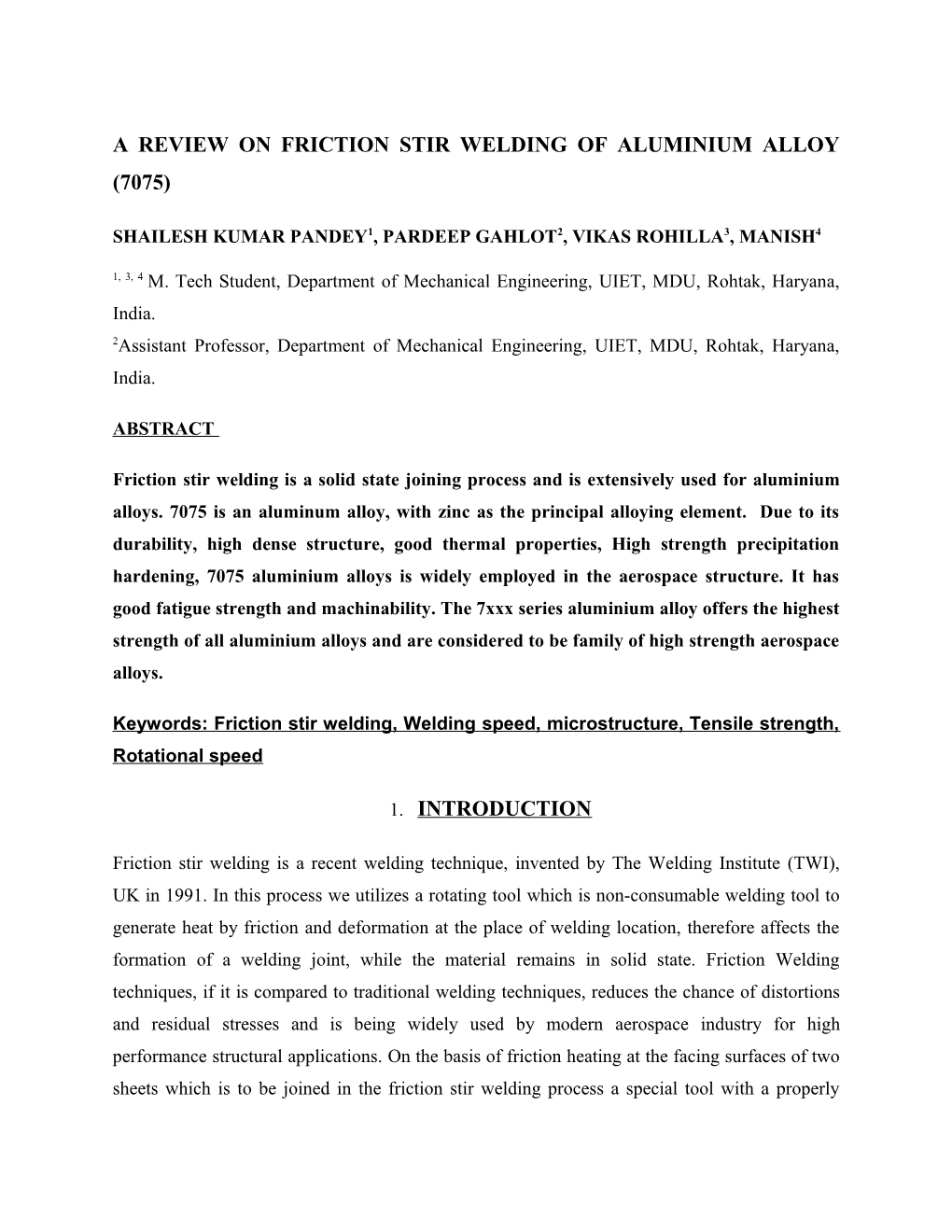 A Review on Friction Stir Welding of Aluminium Alloy (7075)