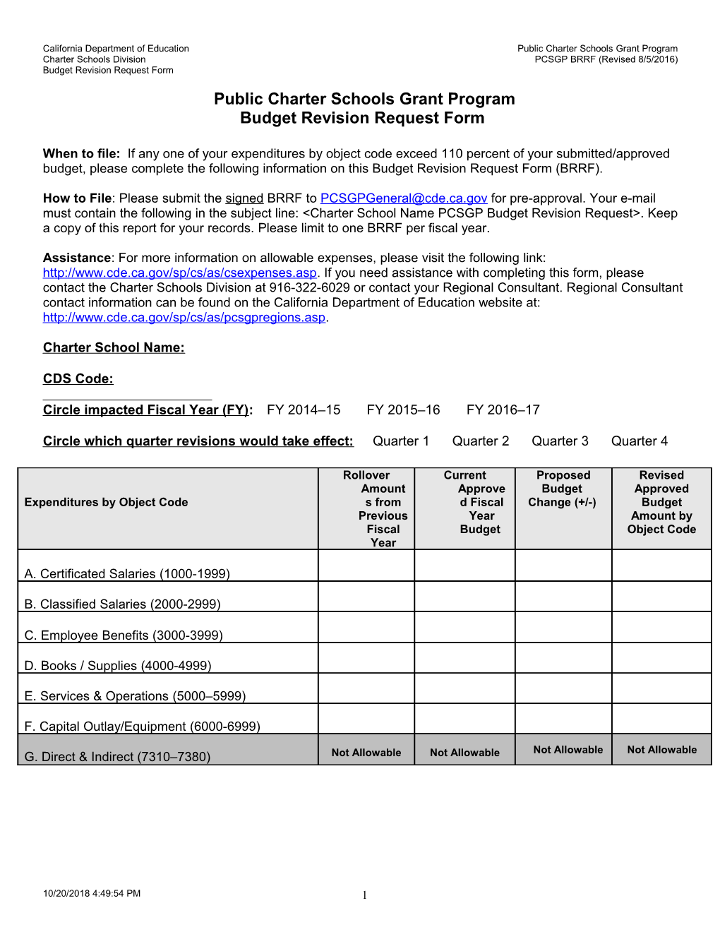 PCSGP Budget Revision Request Form - Charter Schools - Resources (CA Dept of Education)