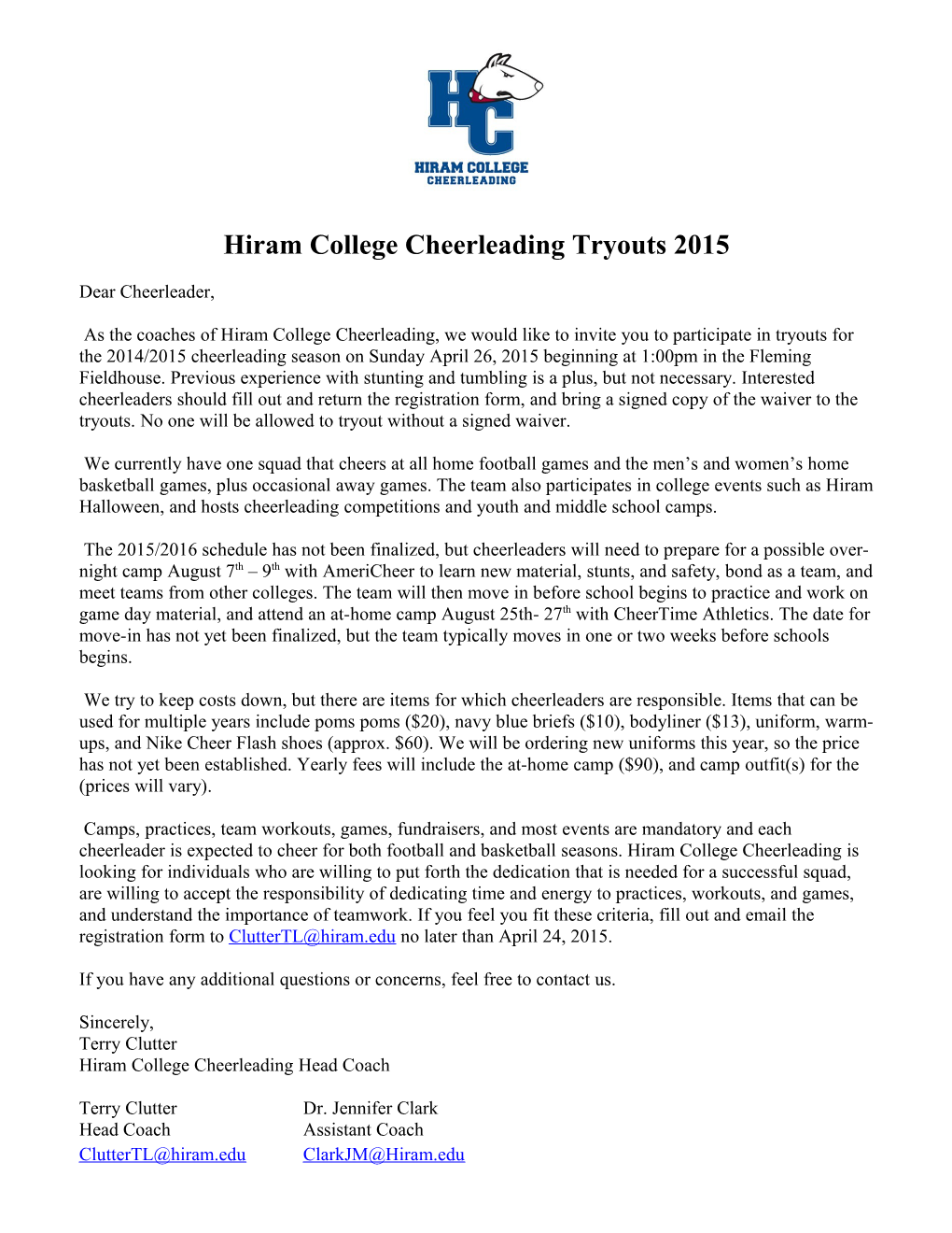 Hiram College Cheerleading Tryouts 2015