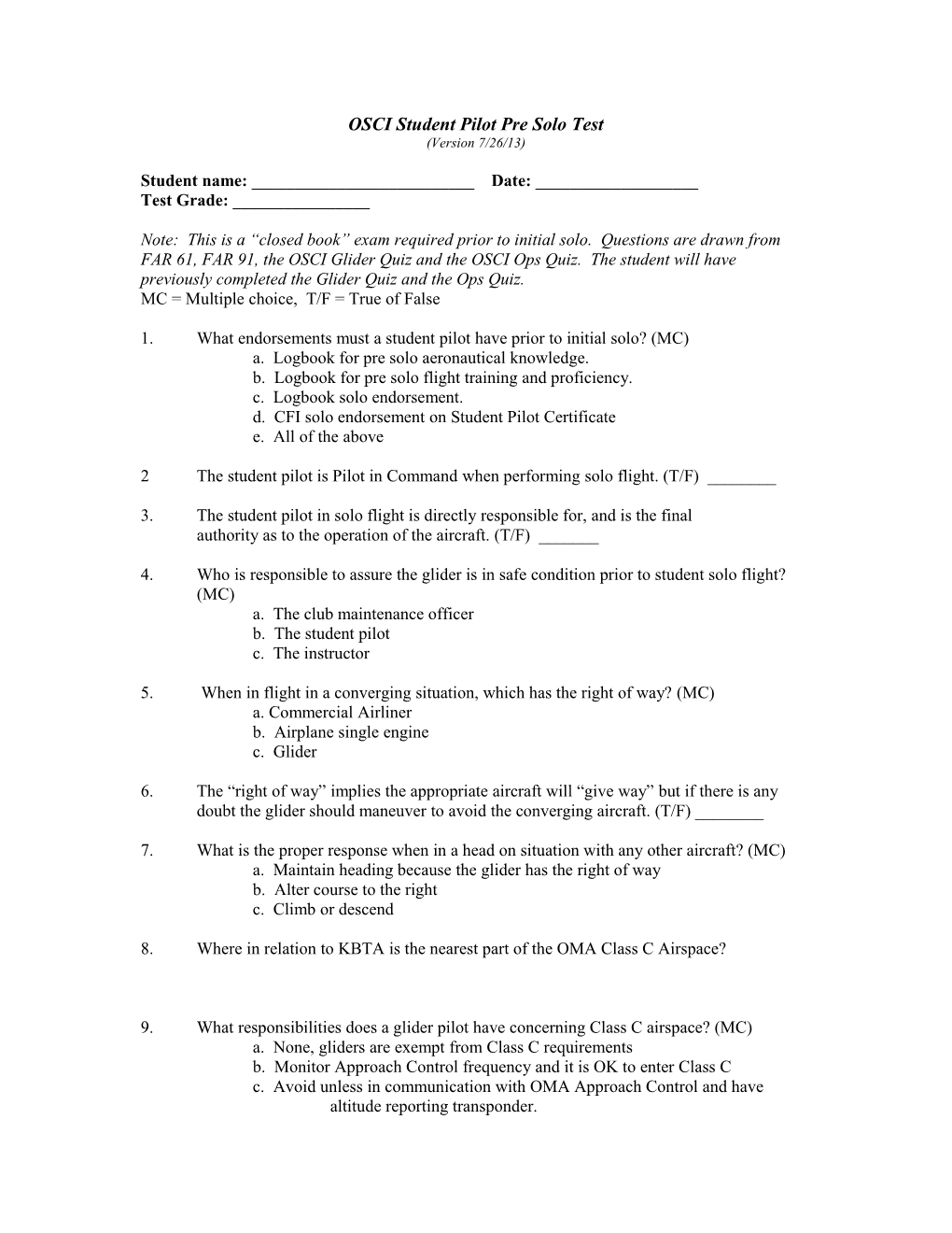 OSCI Student Pilot Pre Solo Exam