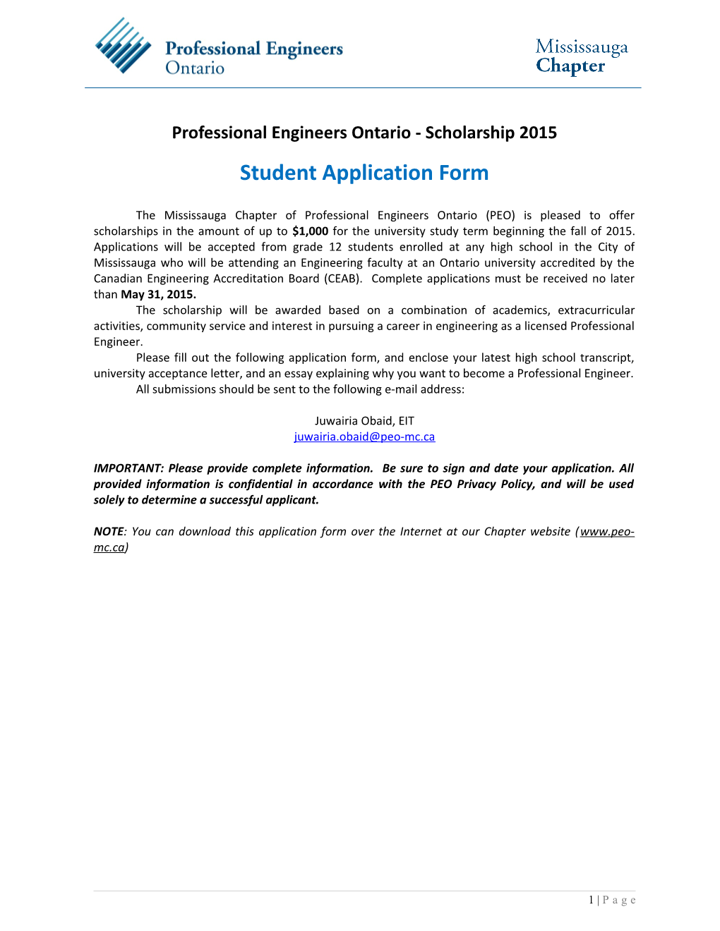 Professional Engineers Ontario - Scholarship 2015