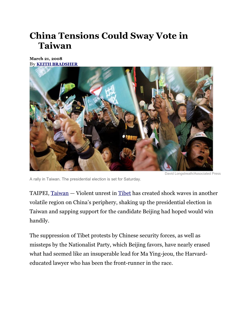 China Tensions Could Sway Vote in Taiwan