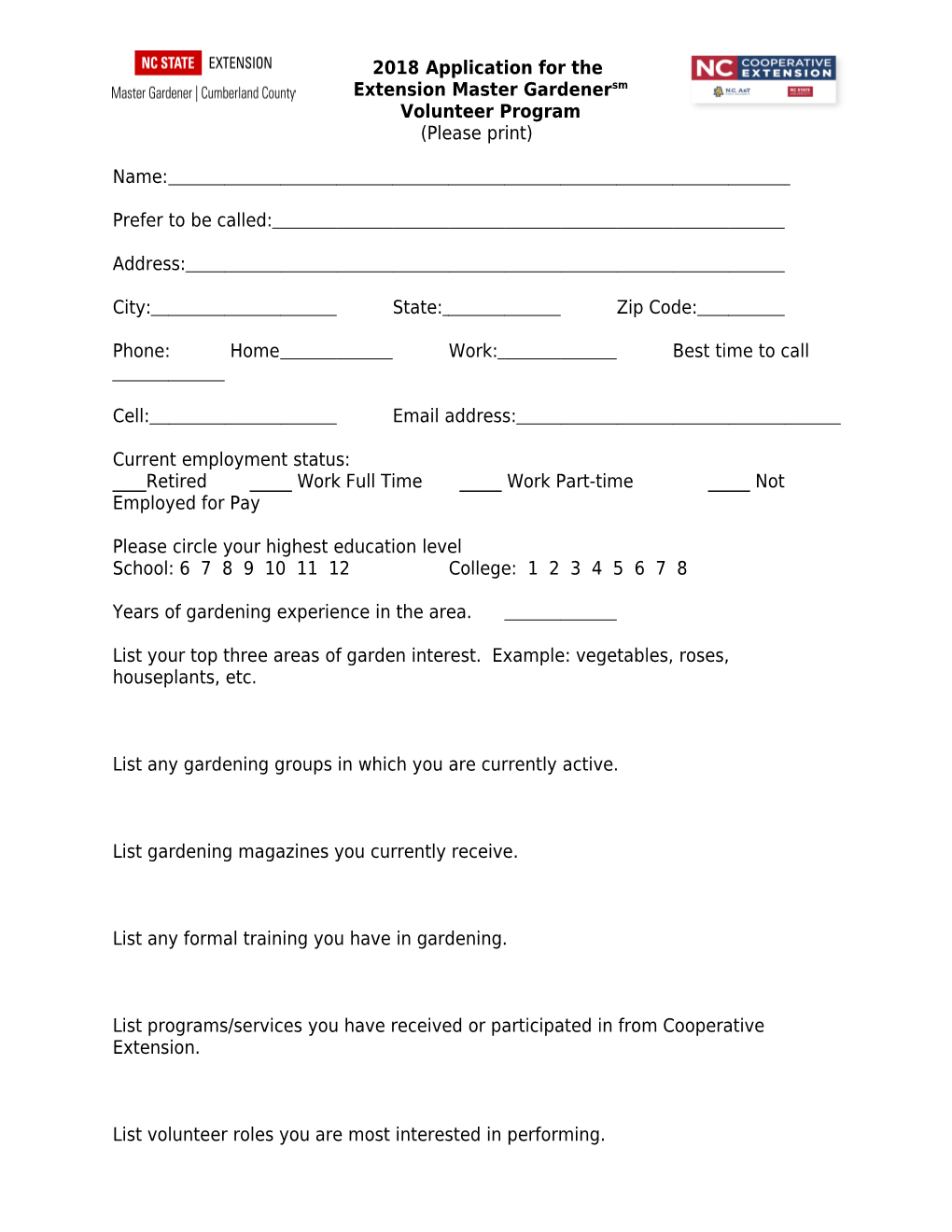 Application for the Master Gardenersm Volunteer Program