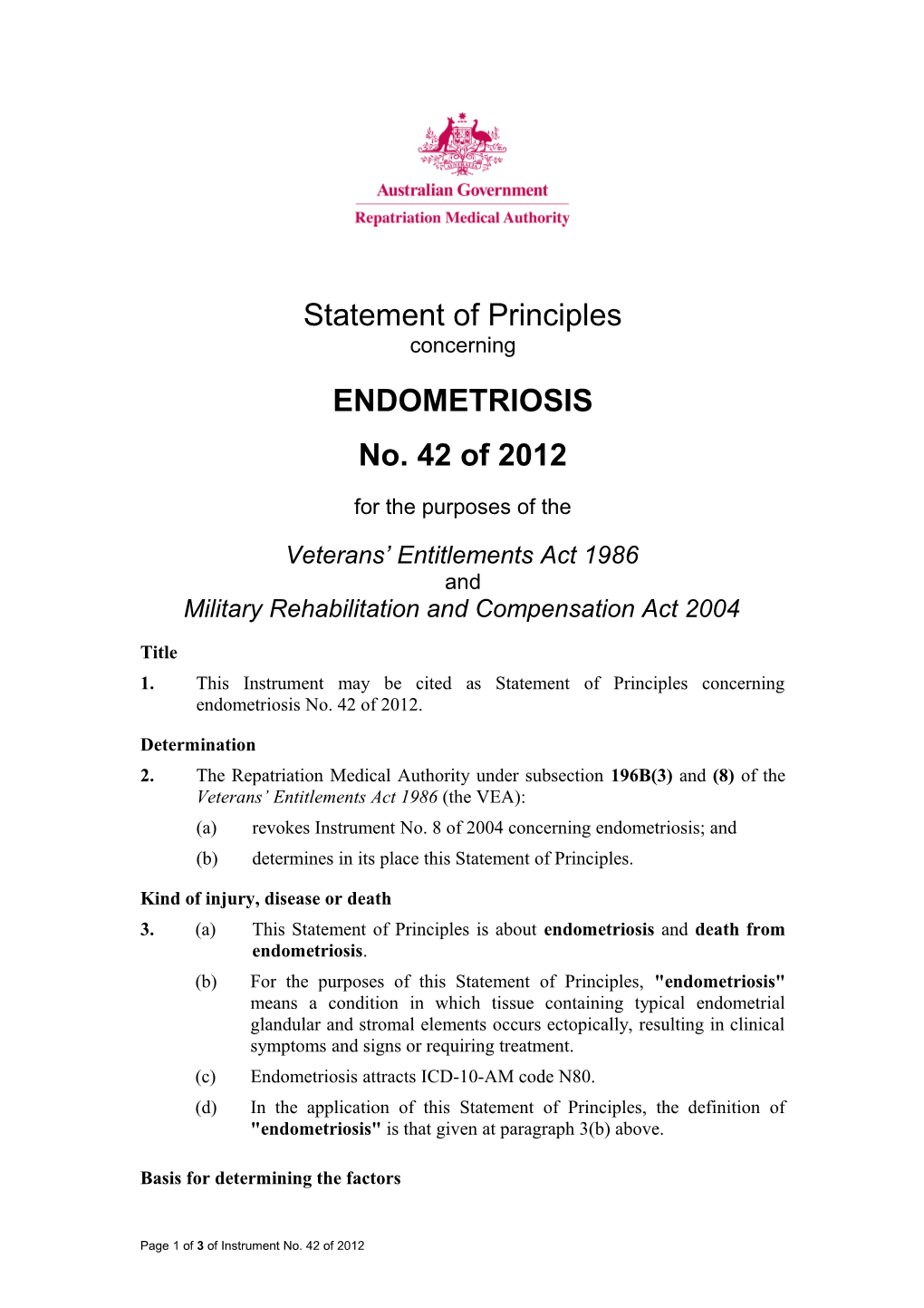 Statement of Principles 42 of 2012 Endometriosis Balance of Probabilities