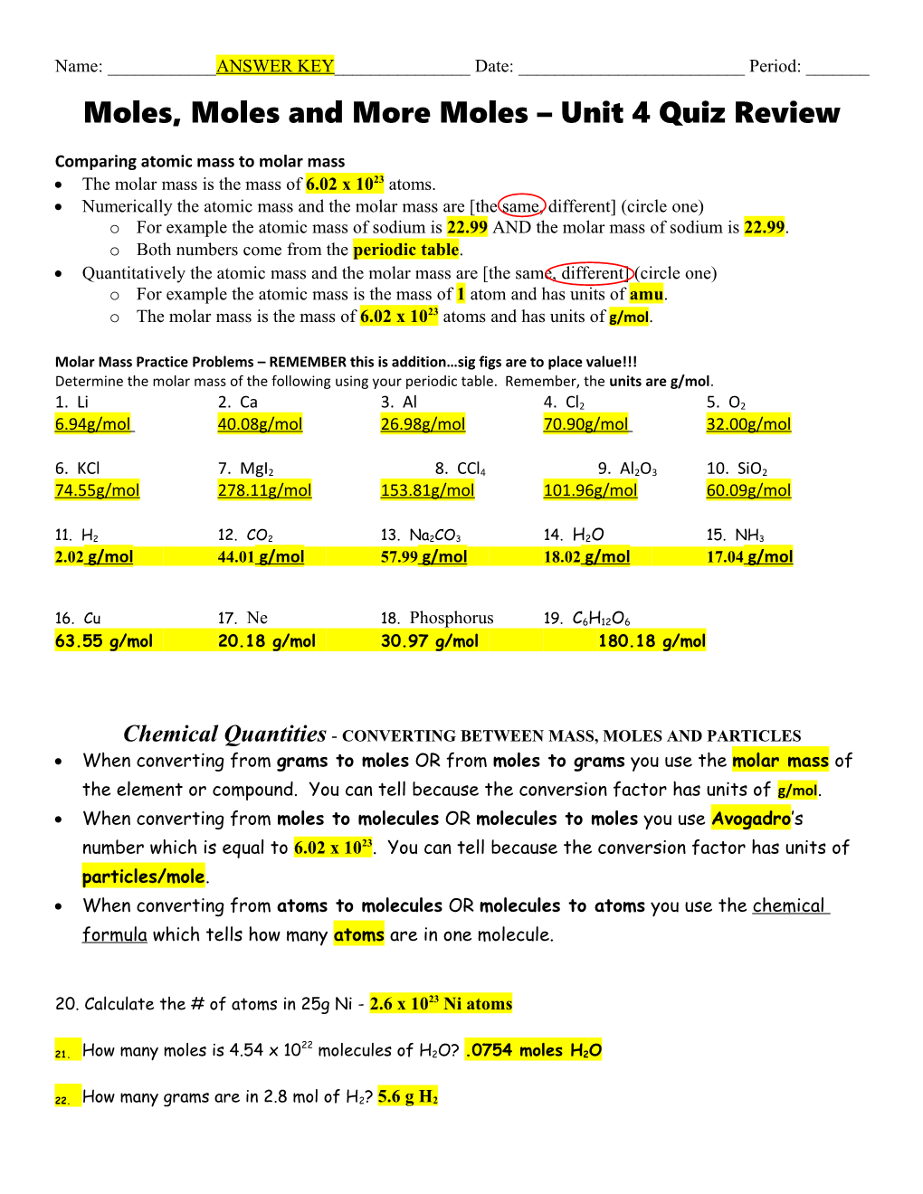 Moles, Moles and More Moles Unit 4 Quiz Review