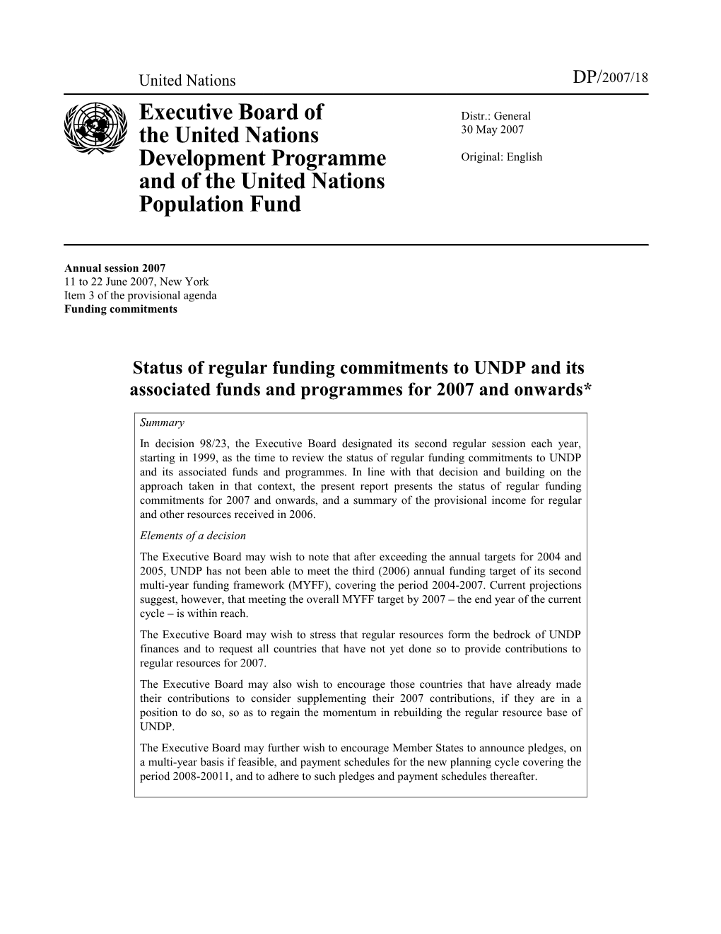 Status of Regular Funding Commitments to UNDP and Its