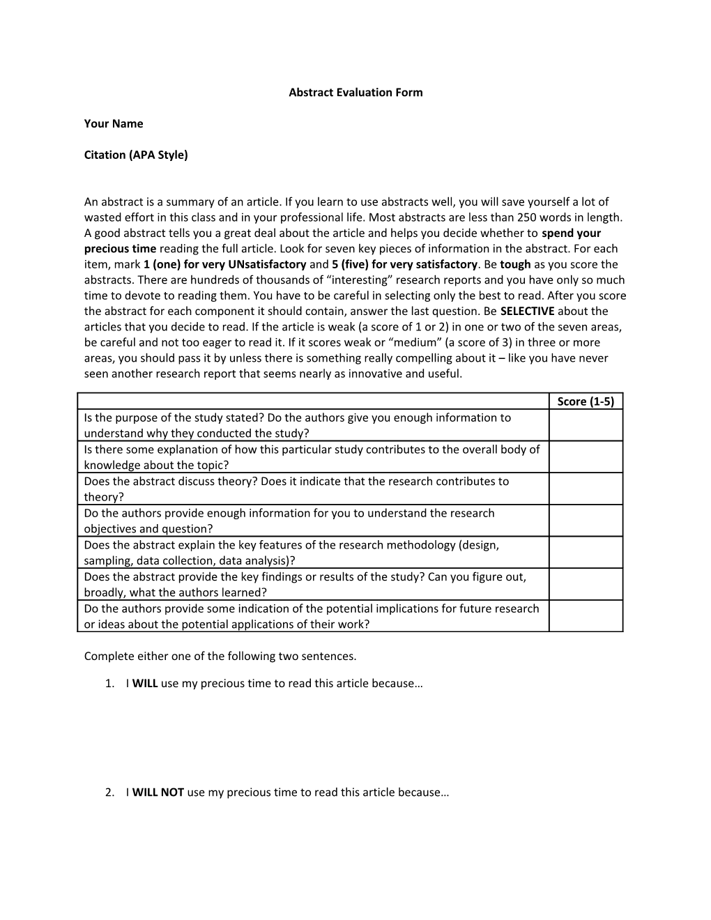 Abstract Evaluation Form