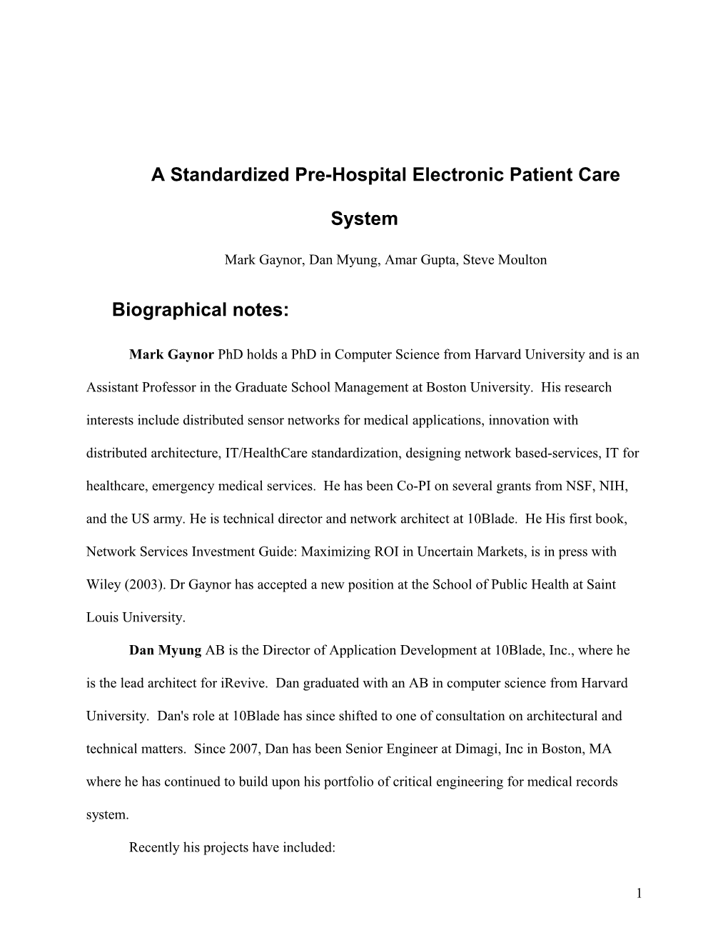 A Standardized Pre-Hospital Electronic Patient Care System