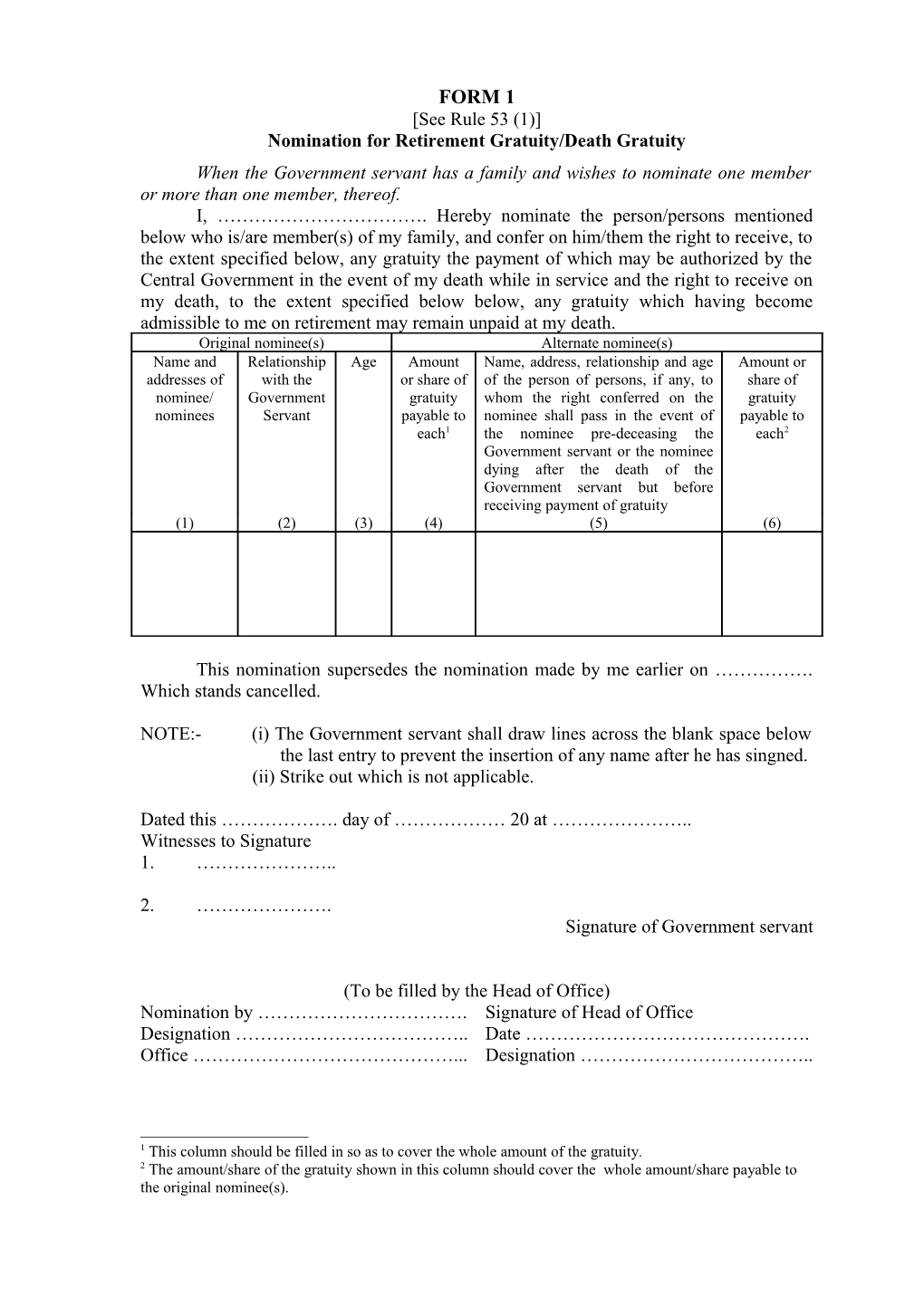 Nomination for Retirement Gratuity/Death Gratuity