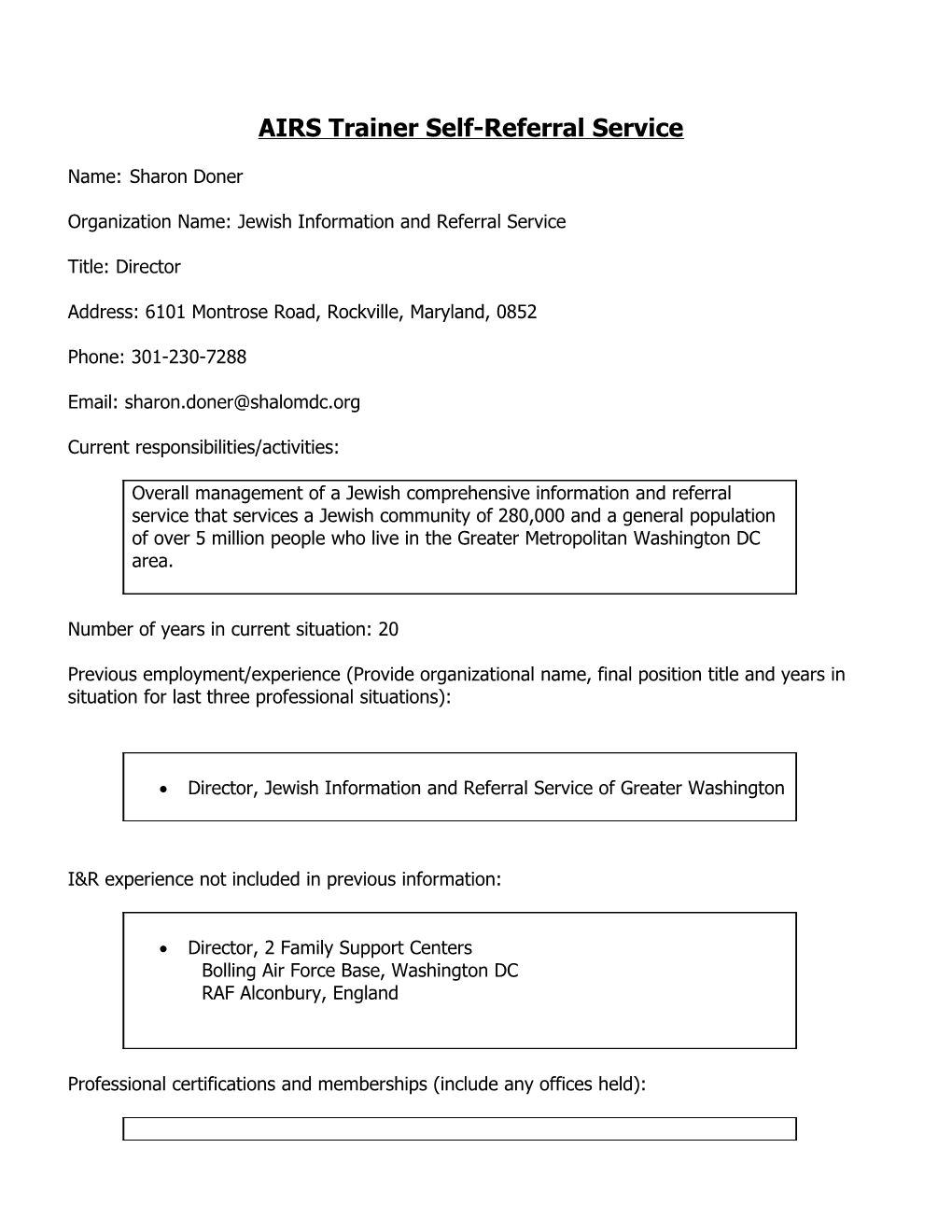 Application for AIRS Trainer Self-Referral Service