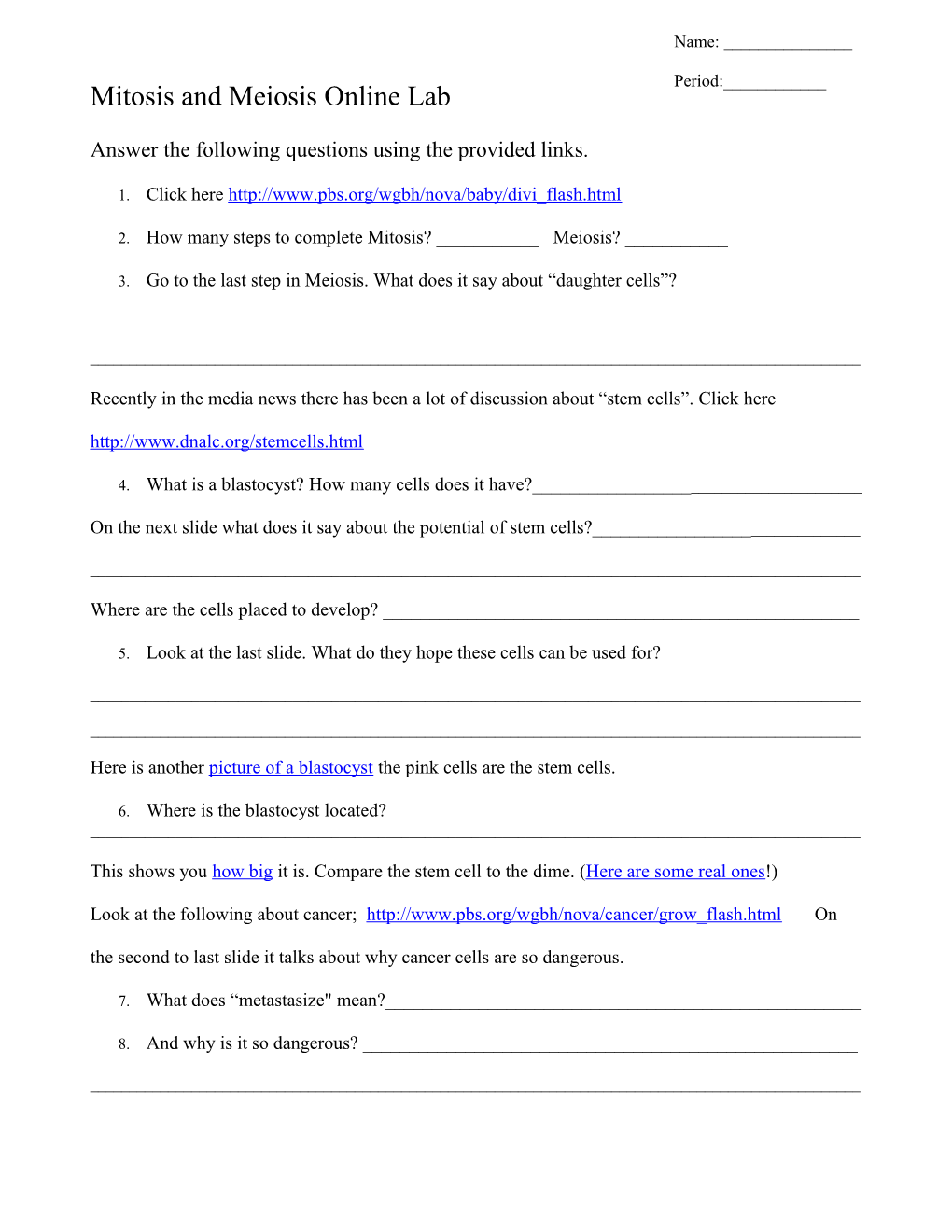 Mitosis and Meiosis Online Lab