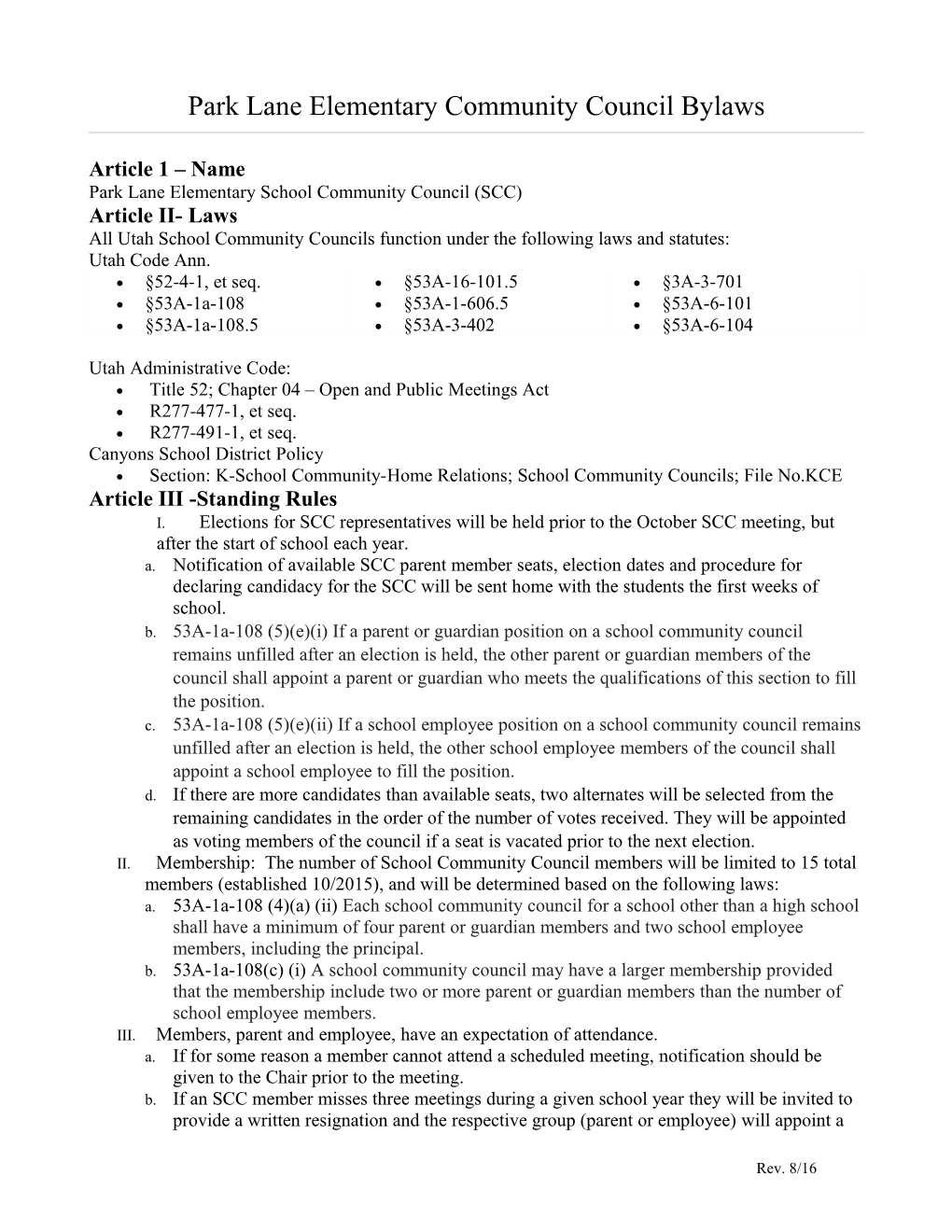 Park Lane Elementary Community Council Bylaws