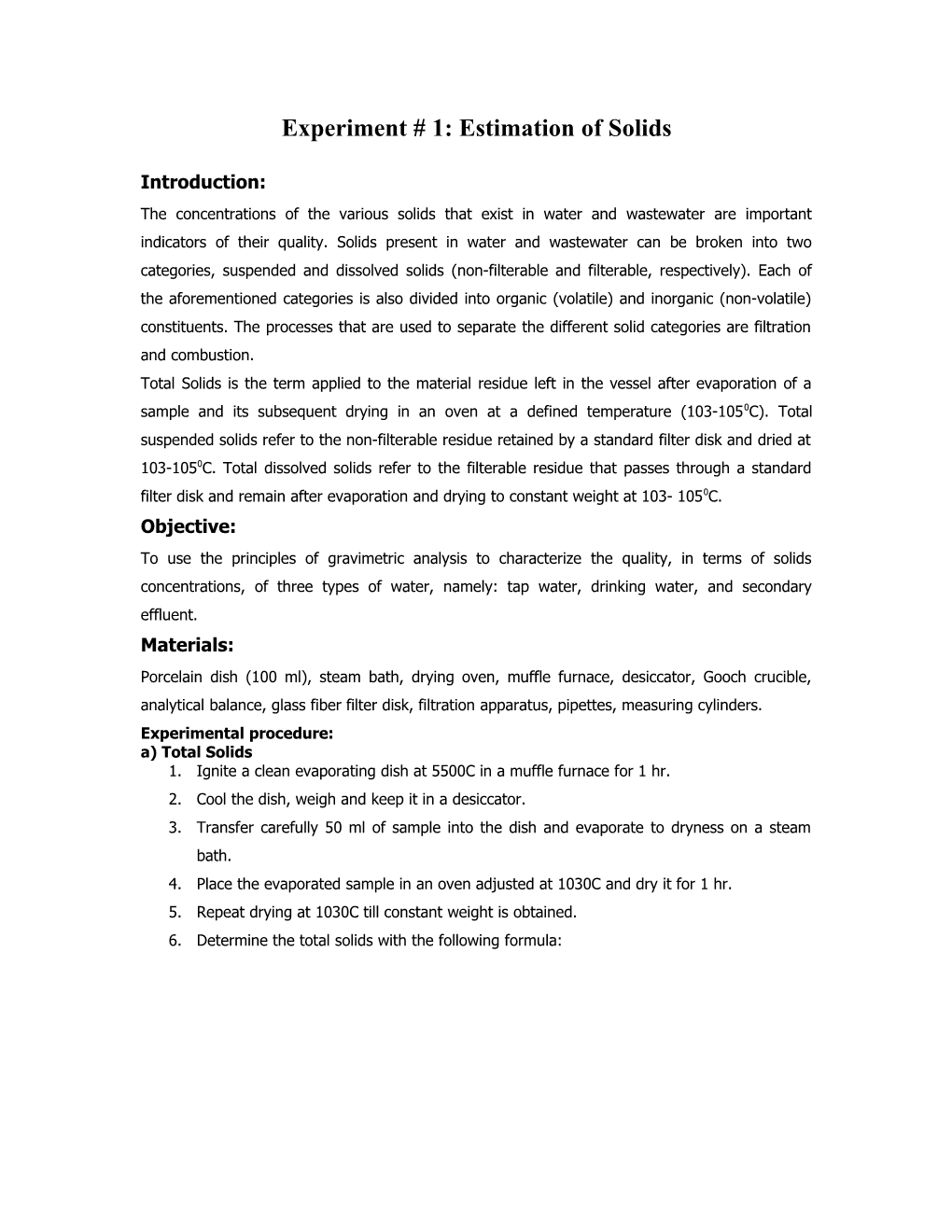 Experiment # 1: Estimation of Solids