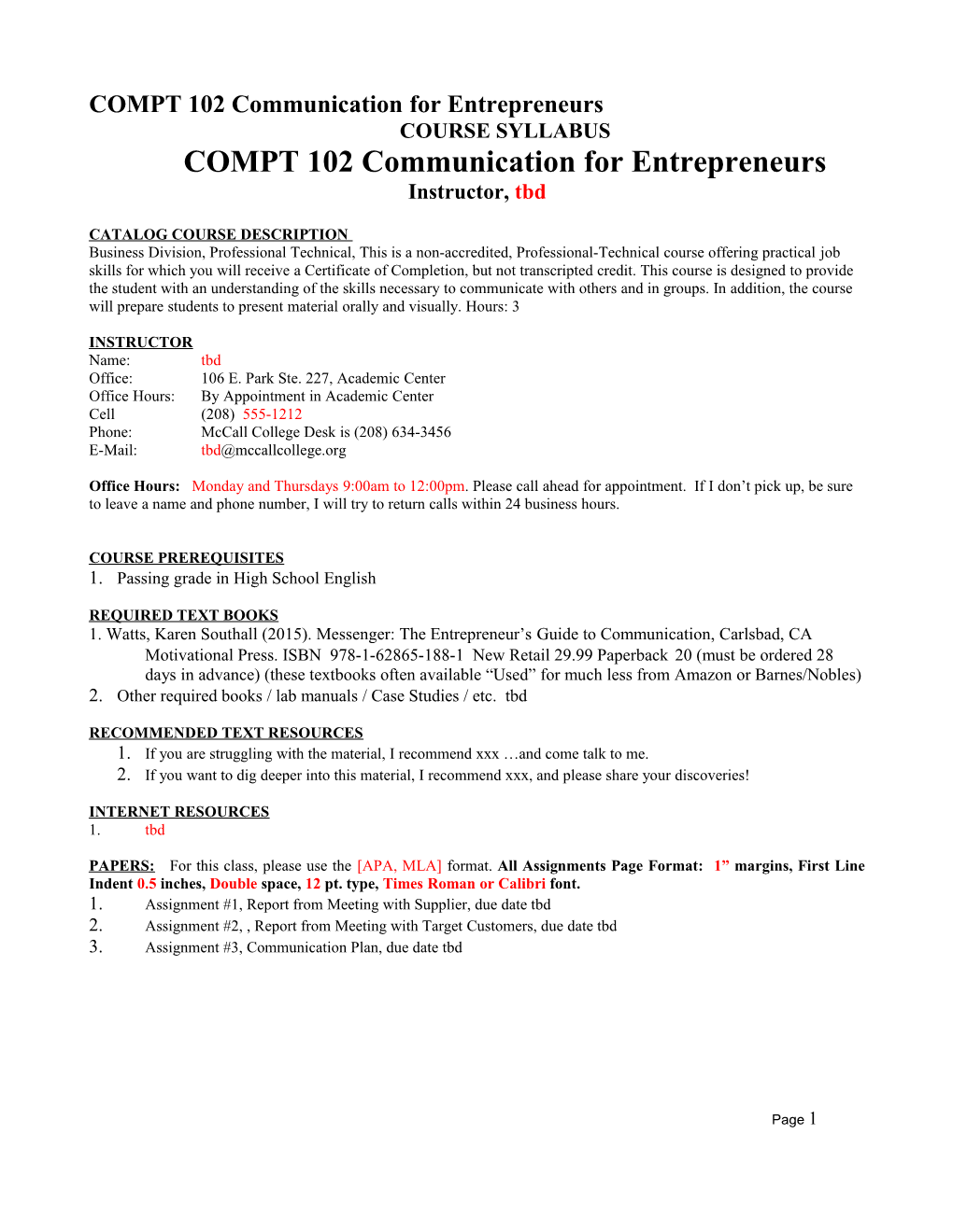 COMPT 102 Communication for Entrepreneurs