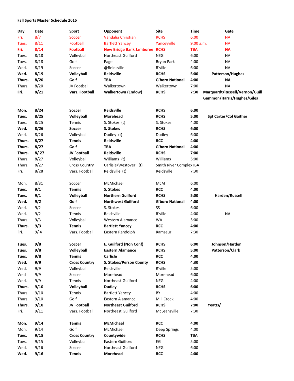 Fall Sports Master Schedule 2015