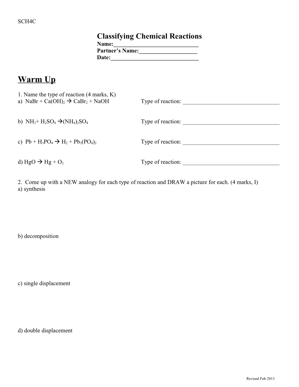 Classifying Chemical Reactions Lab