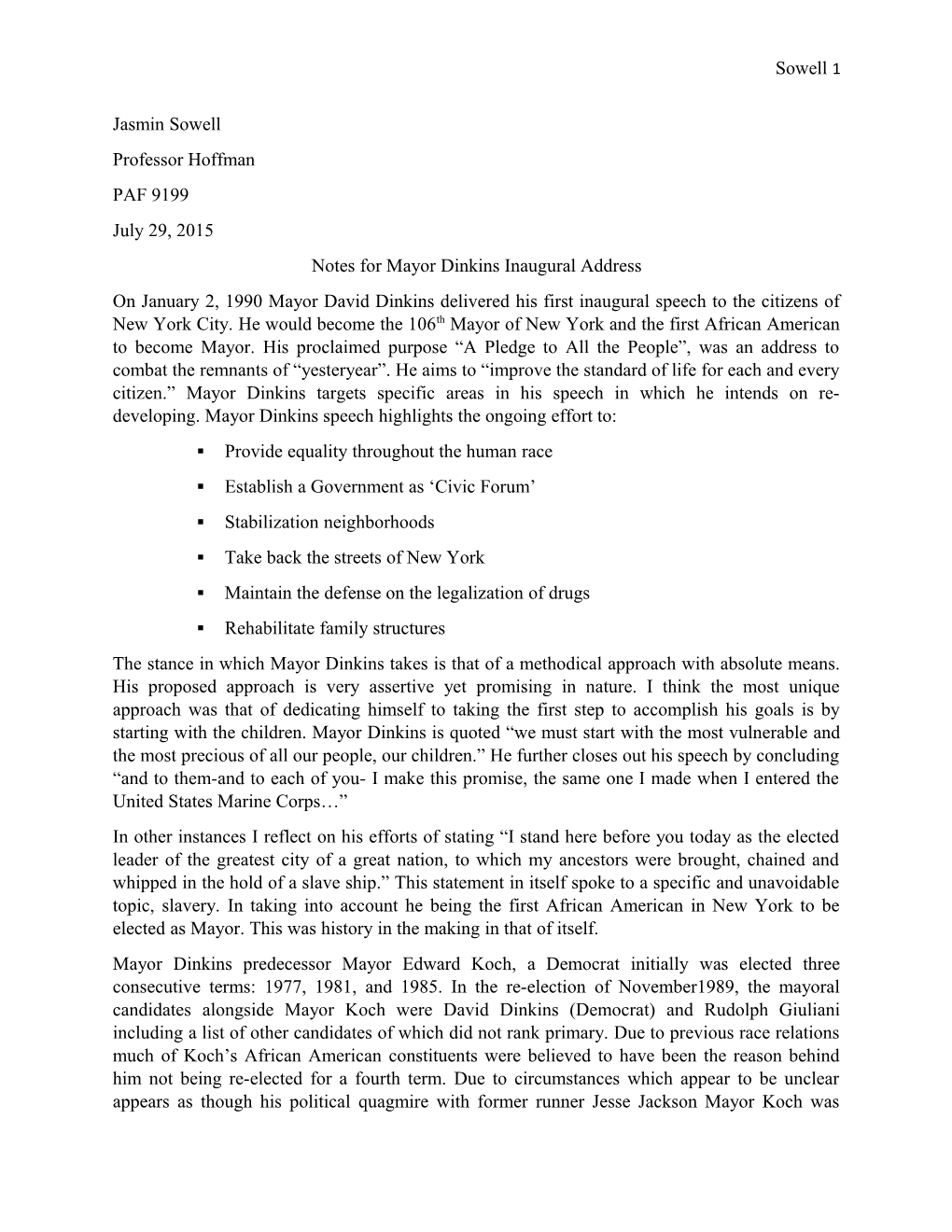 Notes for Mayor Dinkins Inaugural Address