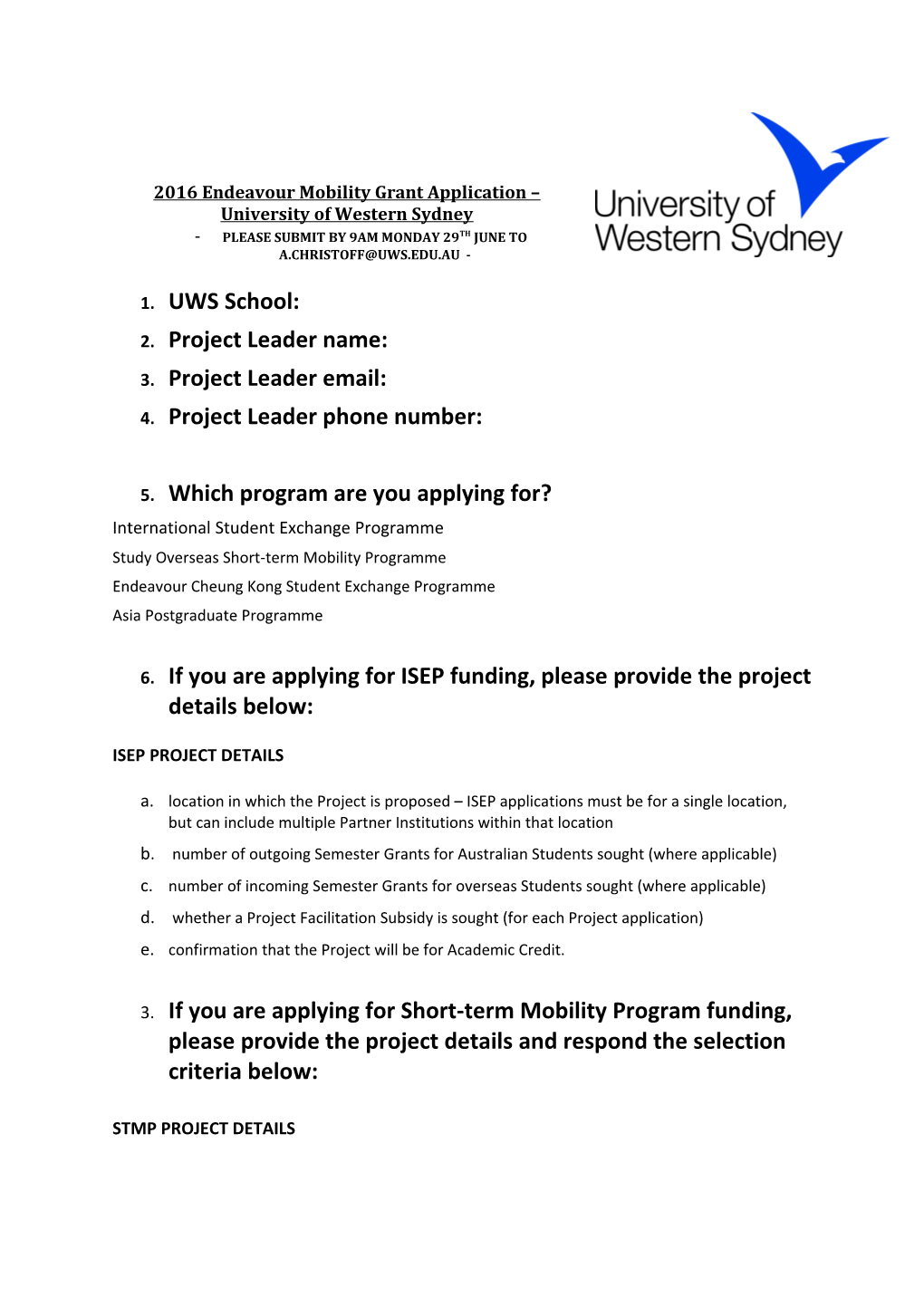 2016 Endeavour Mobility Grant Application University of Western Sydney