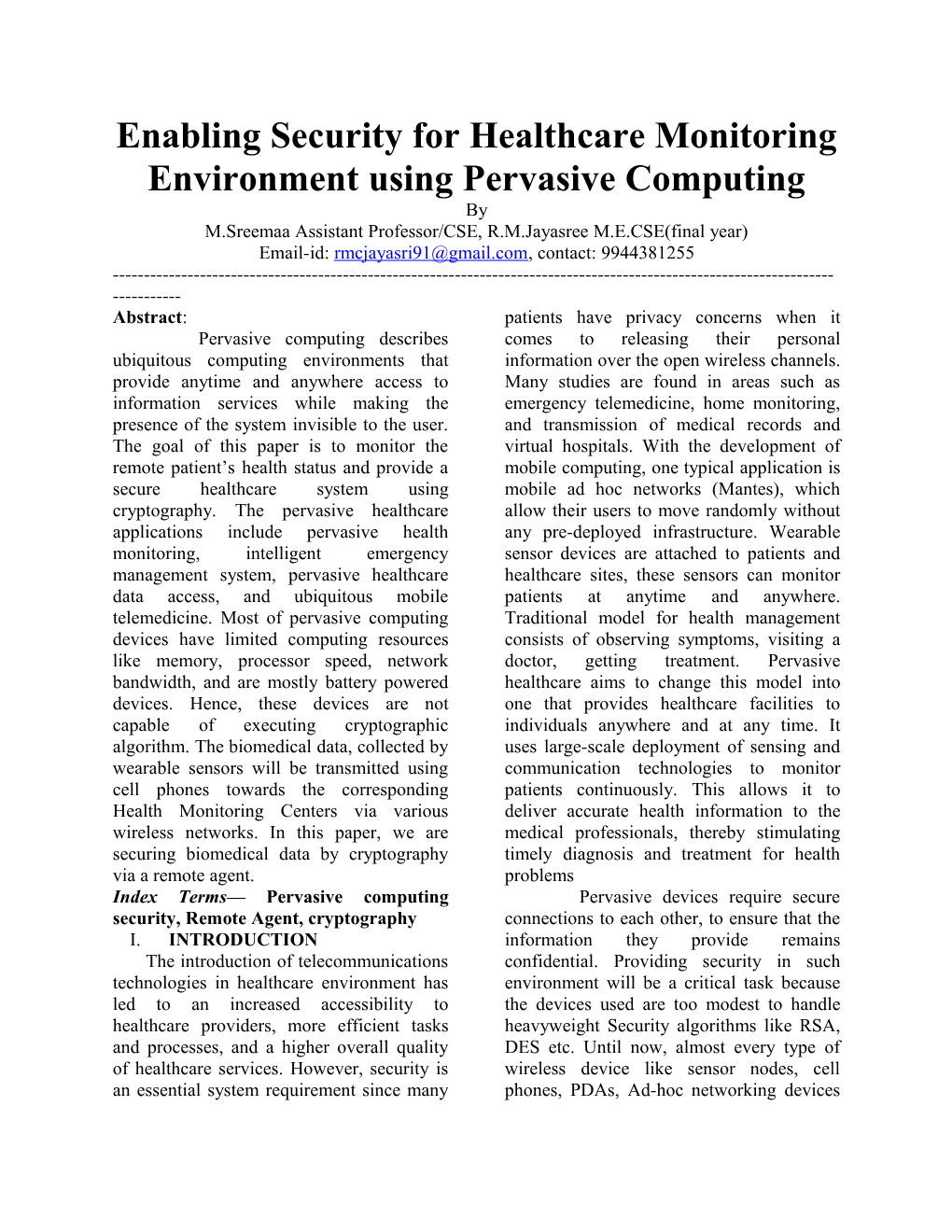 Enabling Security for Healthcare Monitoring Environment Using Pervasive Computing