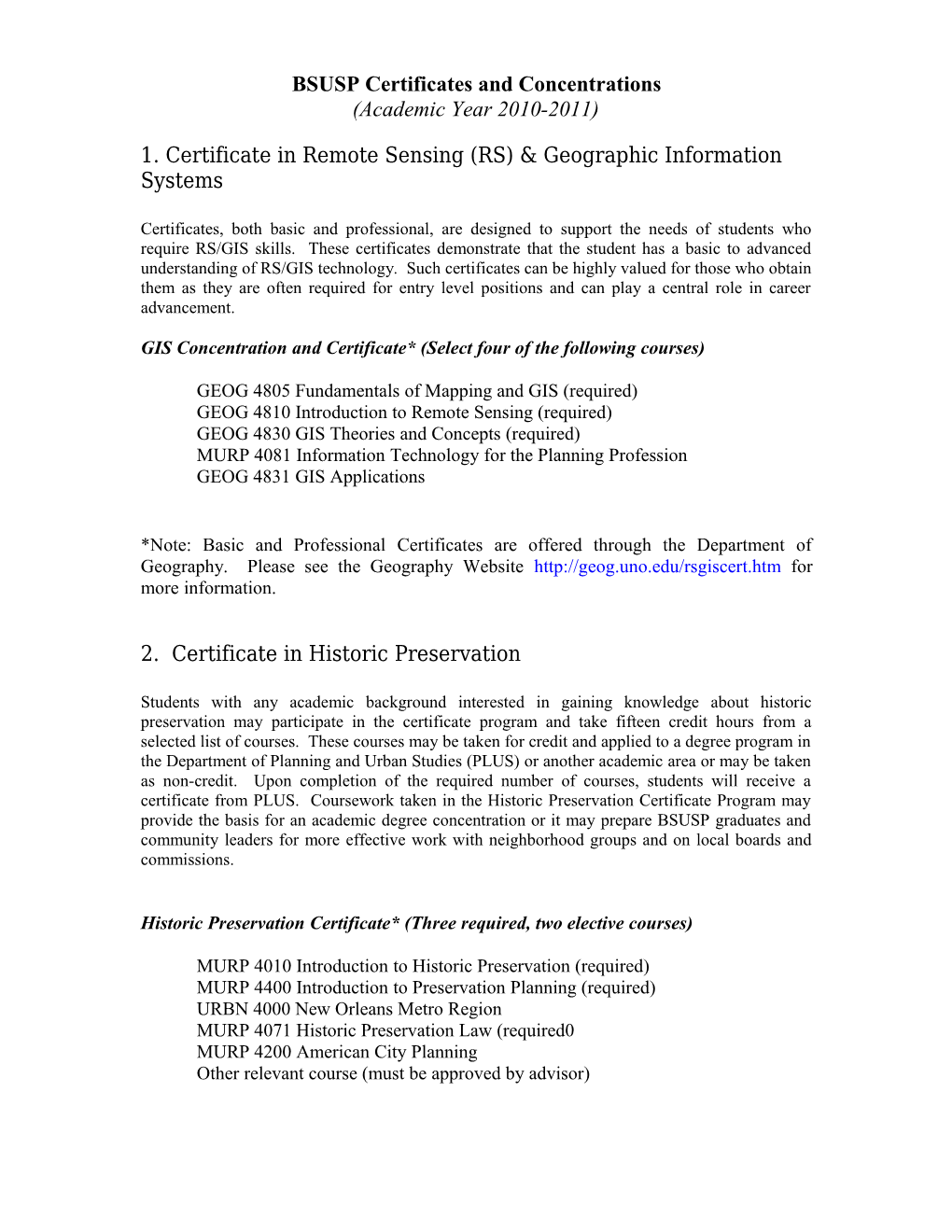 BSUSP Certificates and Concentrations