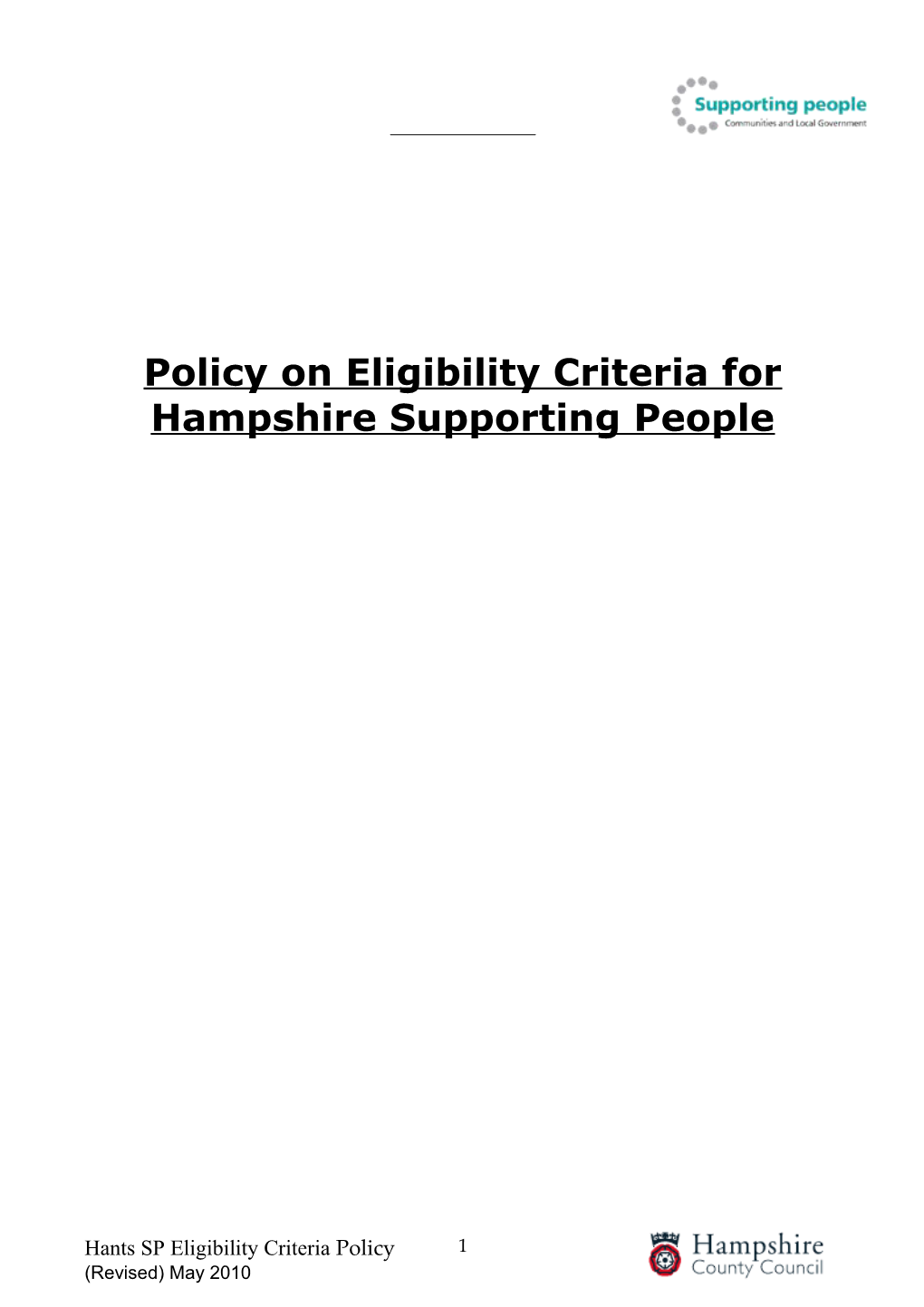 Policy on Eligibility Criteria for Hampshire Supporting People