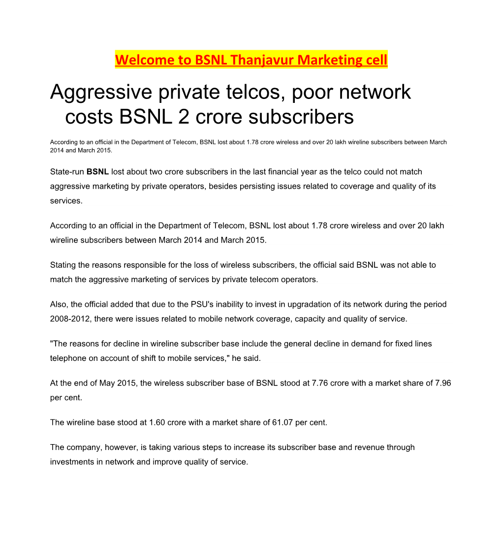 Aggressive Private Telcos, Poor Network Costs BSNL 2 Crore Subscribers