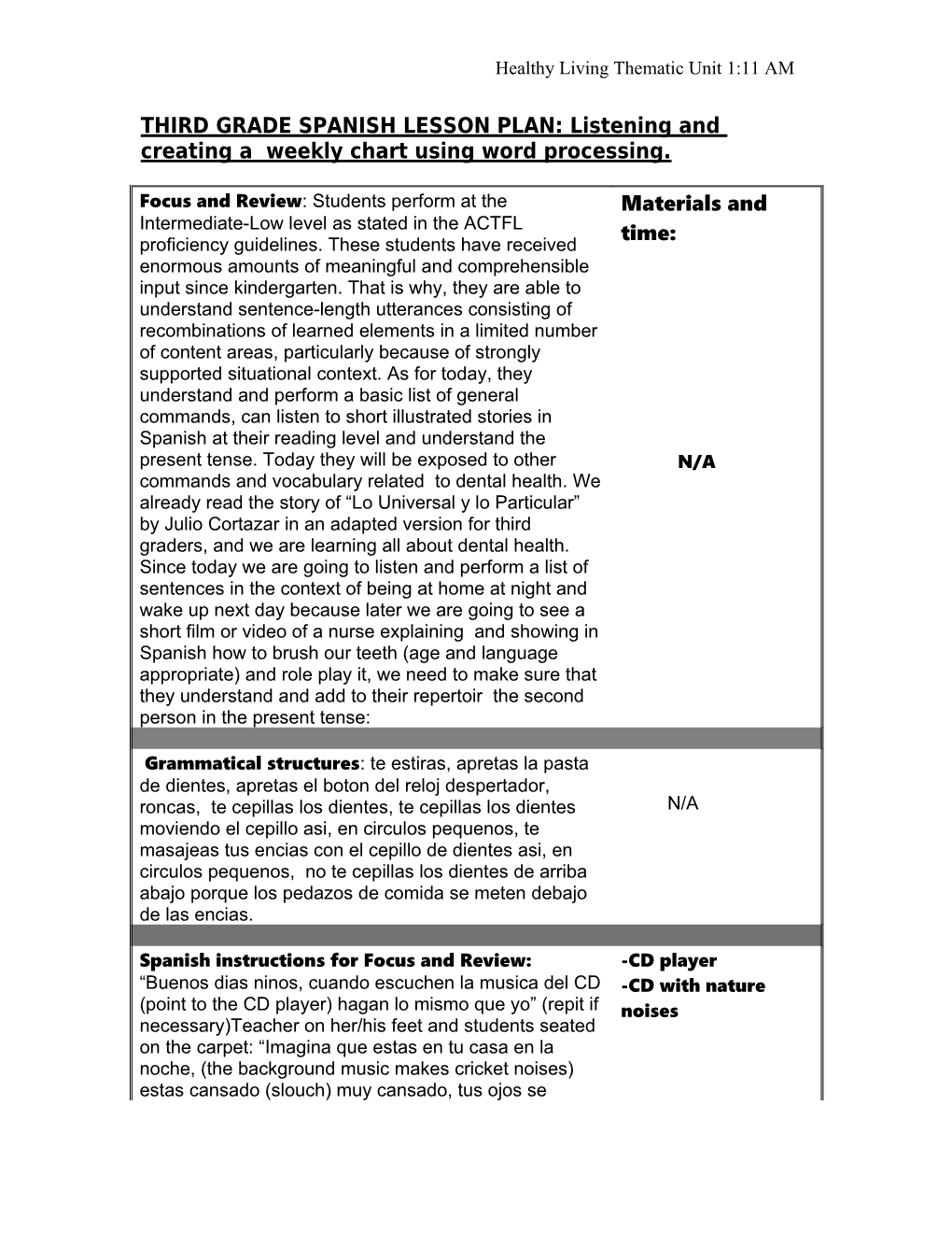 THIRD GRADE SPANISH LESSON PLAN: Listening and Creating a Chart Using Word Processing