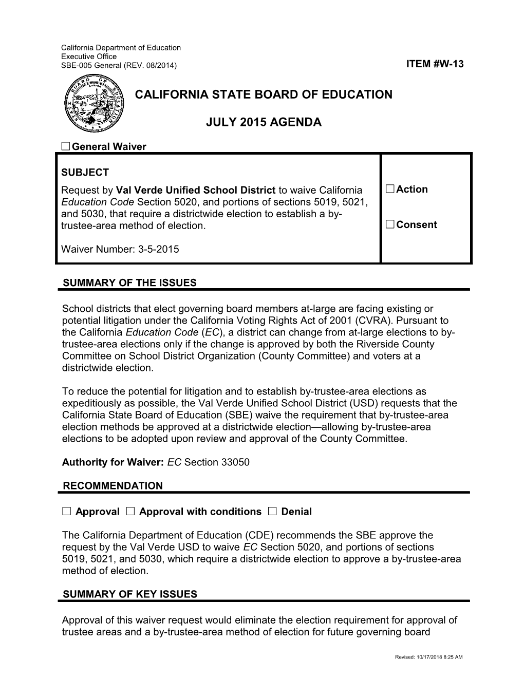 July 2015 Waiver Item W-13 - Meeting Agendas (CA State Board of Education)