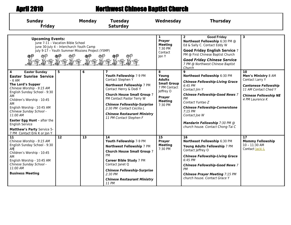 April 2010Northwest Chinese Baptist Church