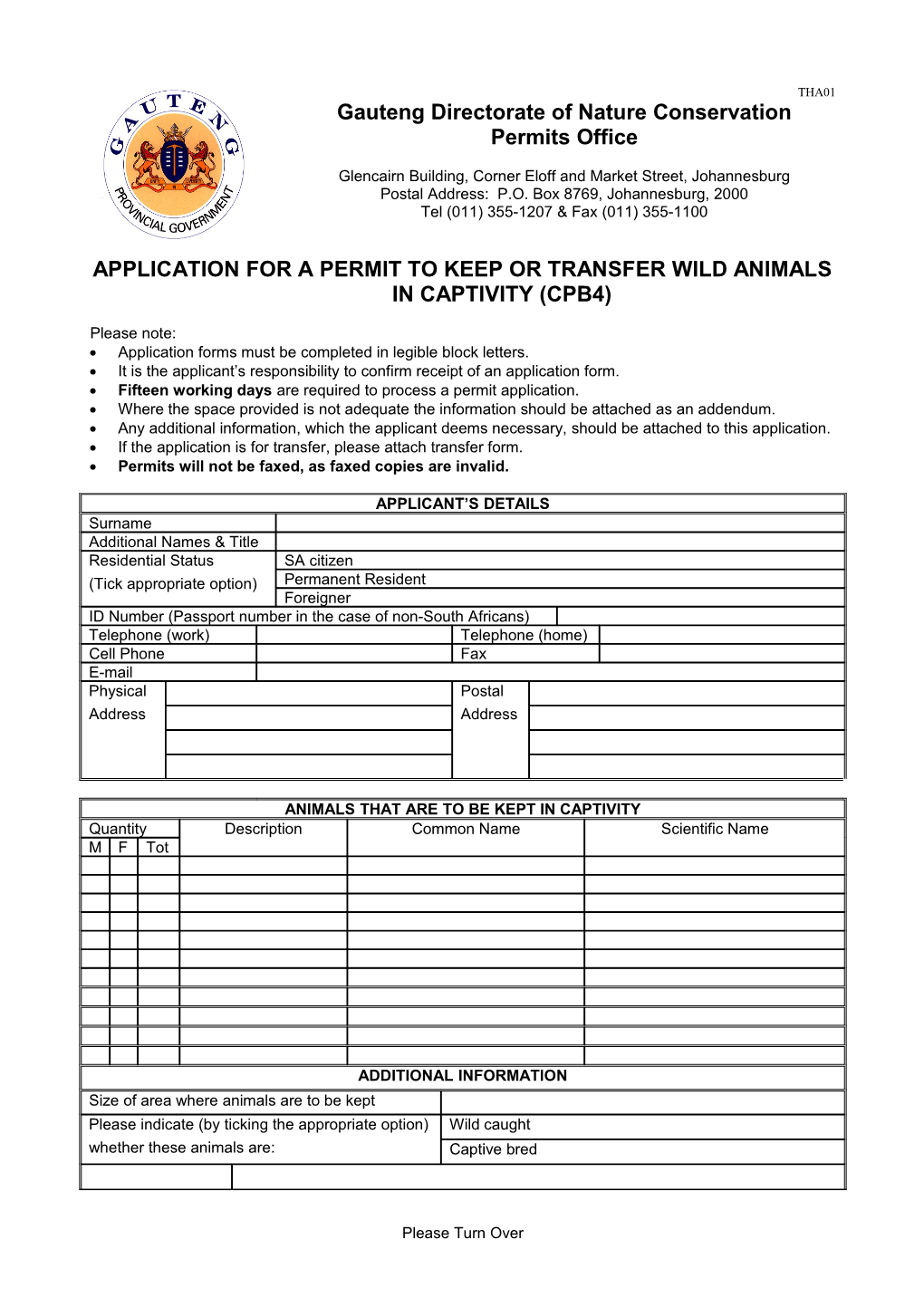 Application for a Permit to Keep Or Transfer Wild Animals in Captivity (Cpb4)