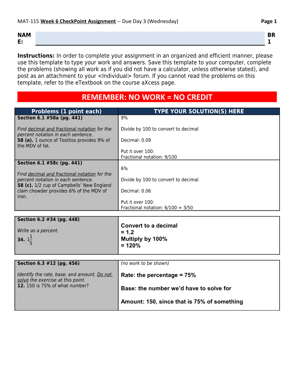 MAT-115 Week 6 Checkpoint Assignment Due Day 3 (Wednesday)Page 1