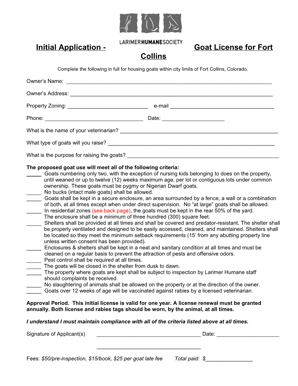 Initial Application - Goat License for Fort Collins