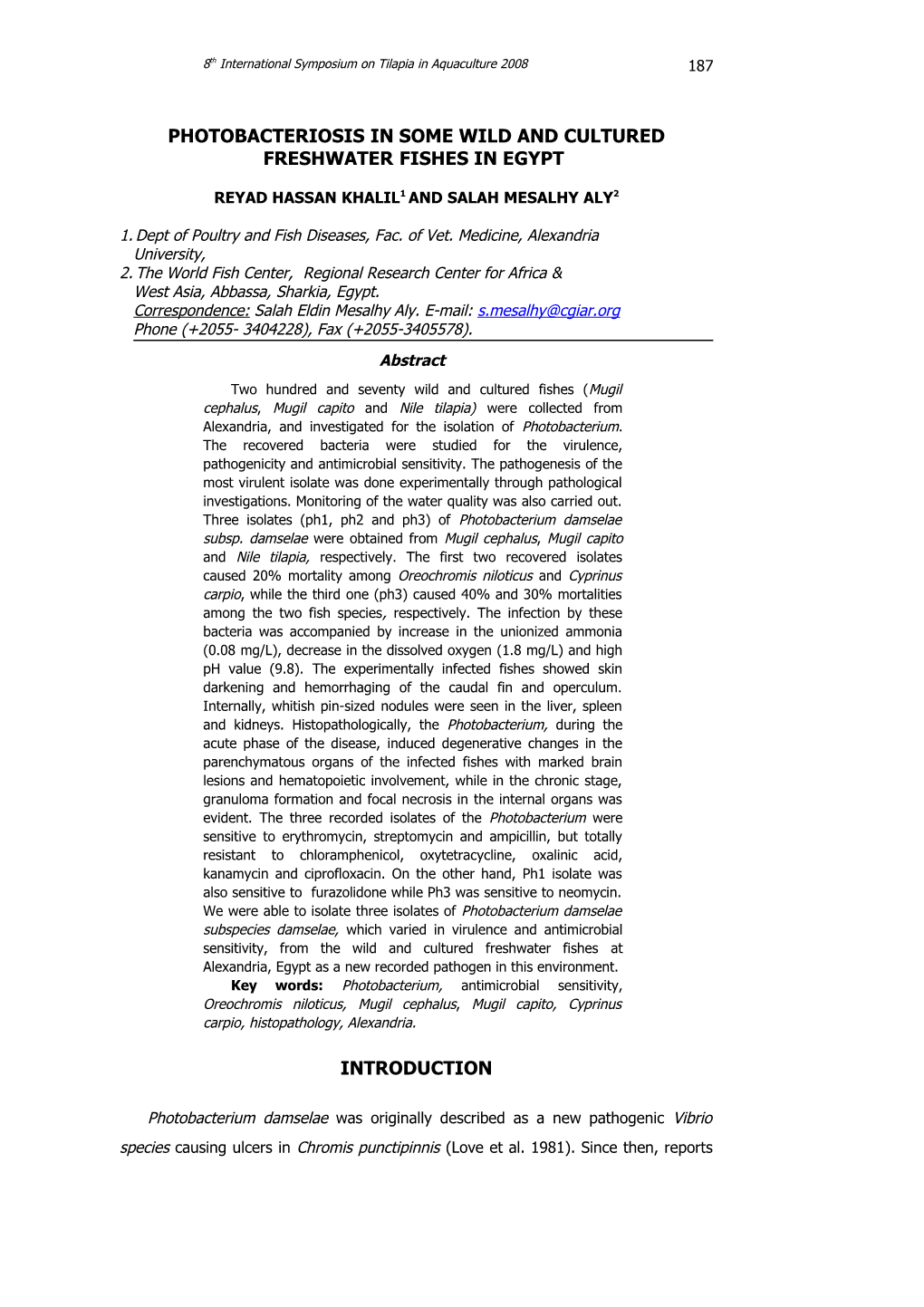 Photobacteriosis in Some Wild and Cultured Fishes in Egypt