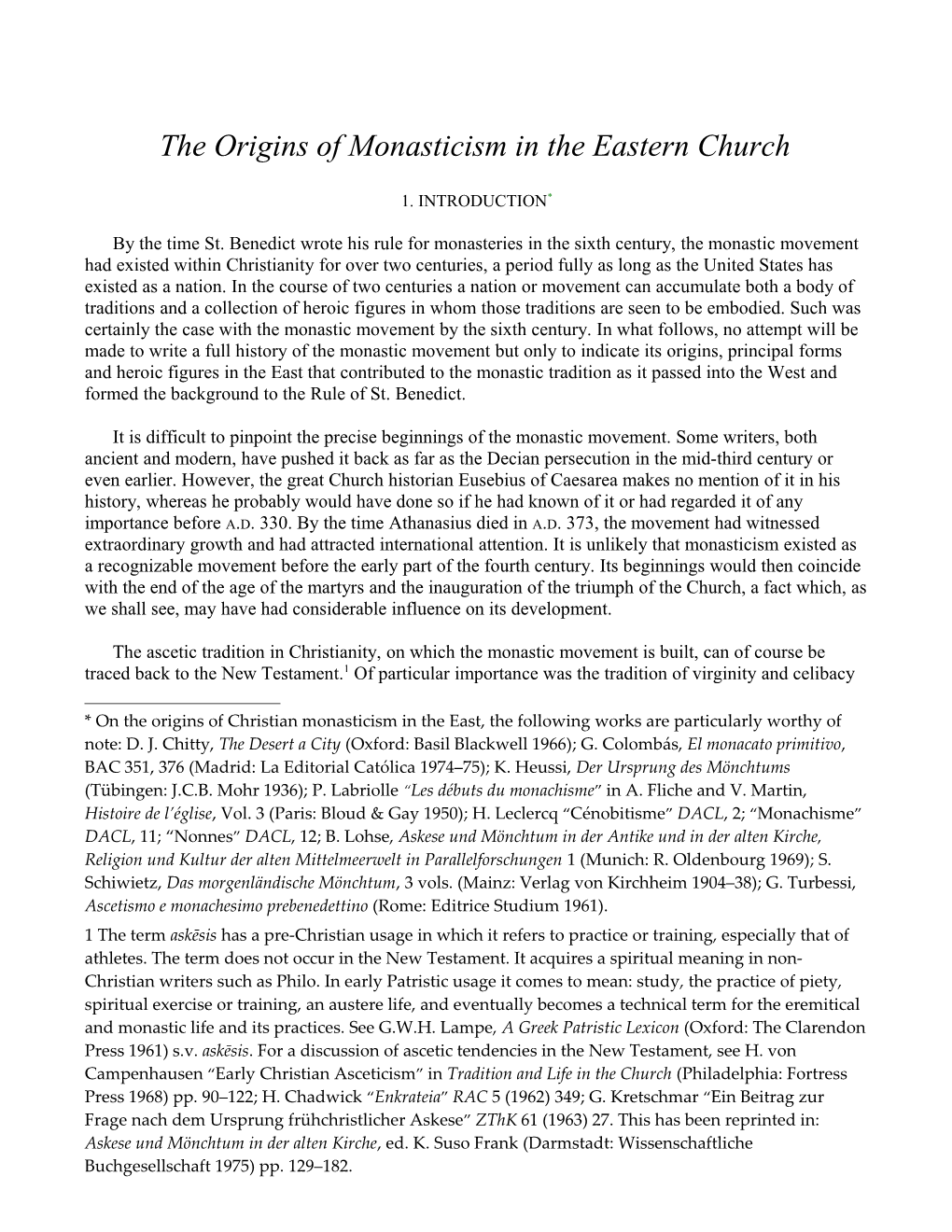 The Origins of Monasticism in the Eastern Church