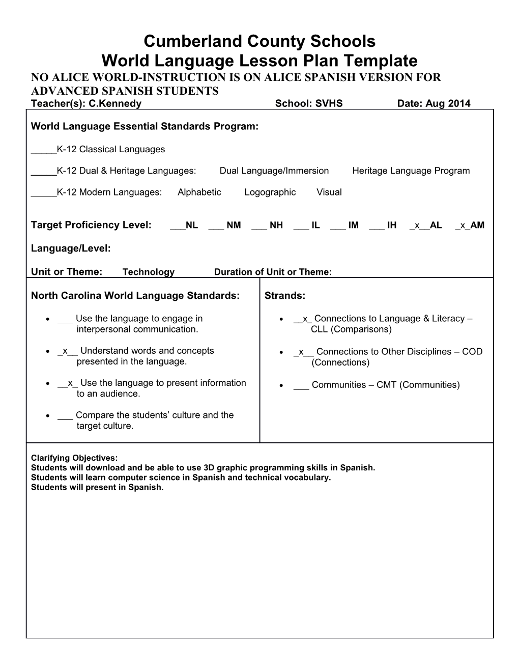 World Language Lesson Plan Template