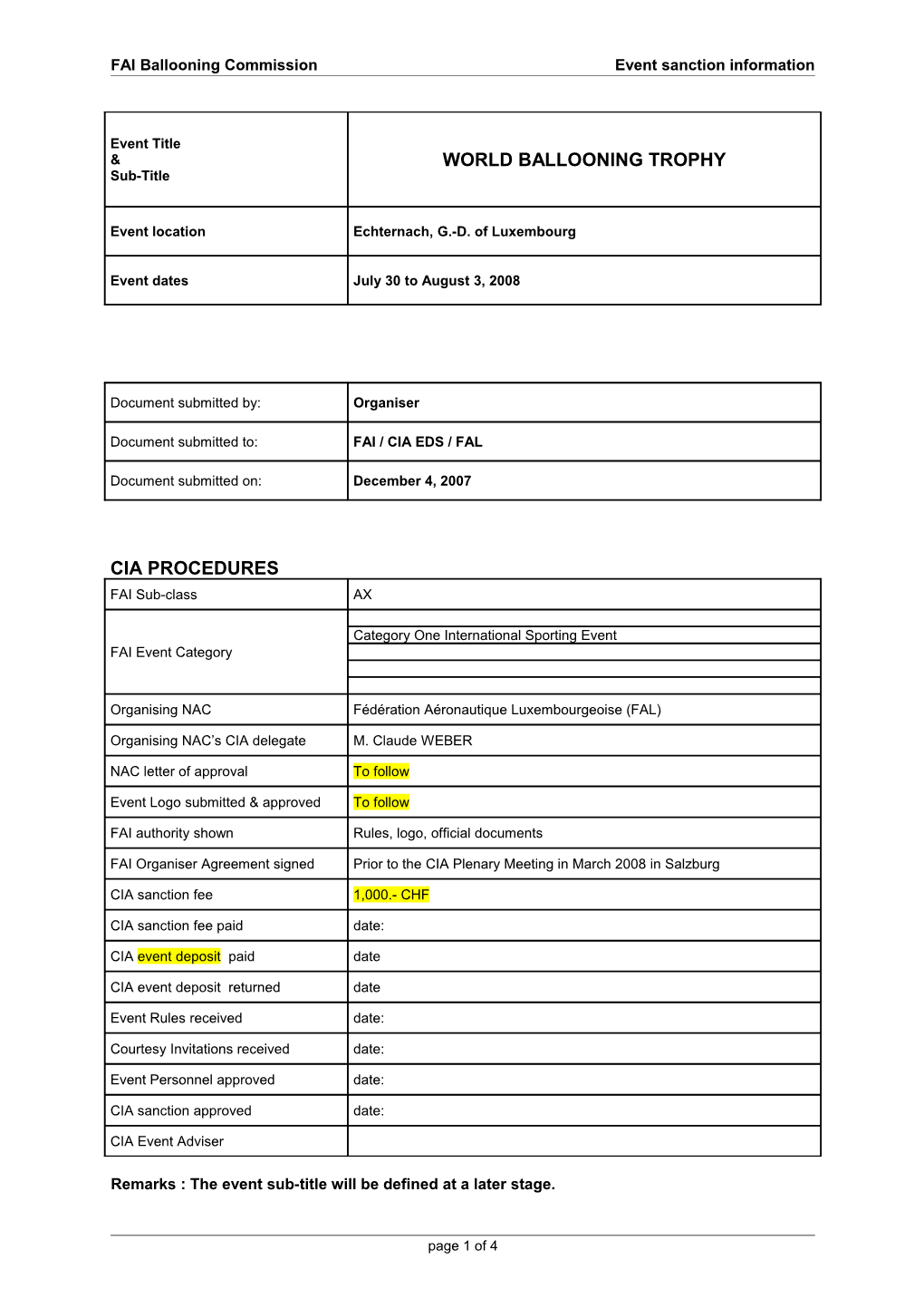 FAI Ballooning Commissionevent Sanction Information