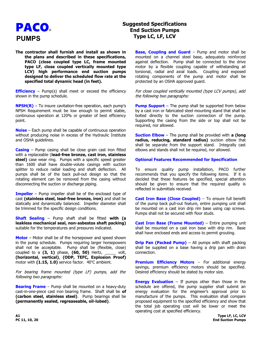 Suggested Specifications for PACO End Suction Pumps Type LC, LF, LCV