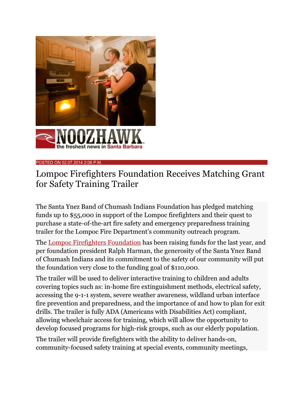 Lompoc Firefighters Foundation Receives Matching Grant for Safety Training Trailer